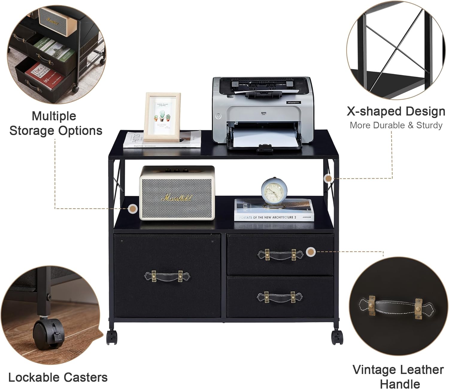 VECELO 3 Drawer Lateral File Cabinet, Rolling Printer Stand with Open Storage Shelf - VECELO