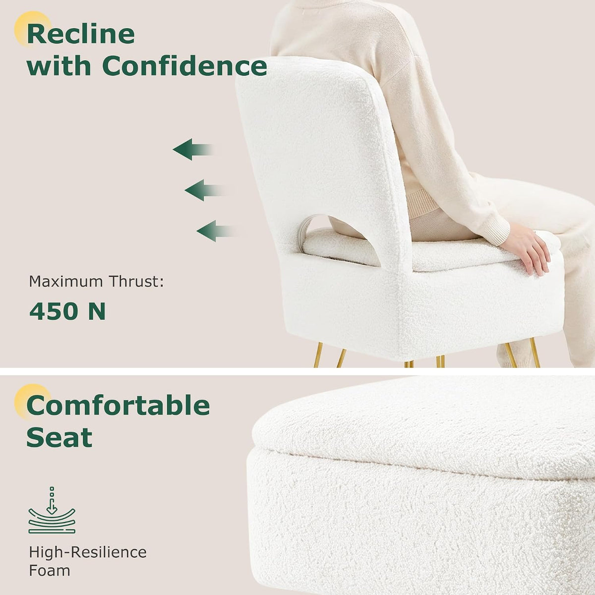 VECELO White Vanity Stool Chair with Storage and Folding Back