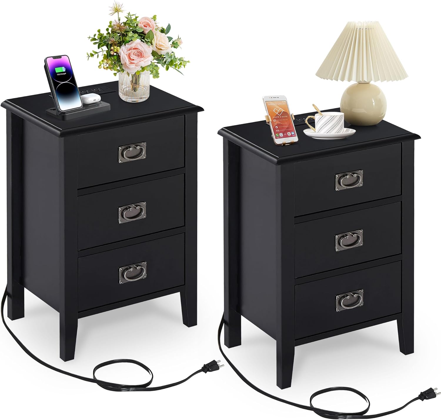 VECELO Nightstand Set of 2 with Charging Station