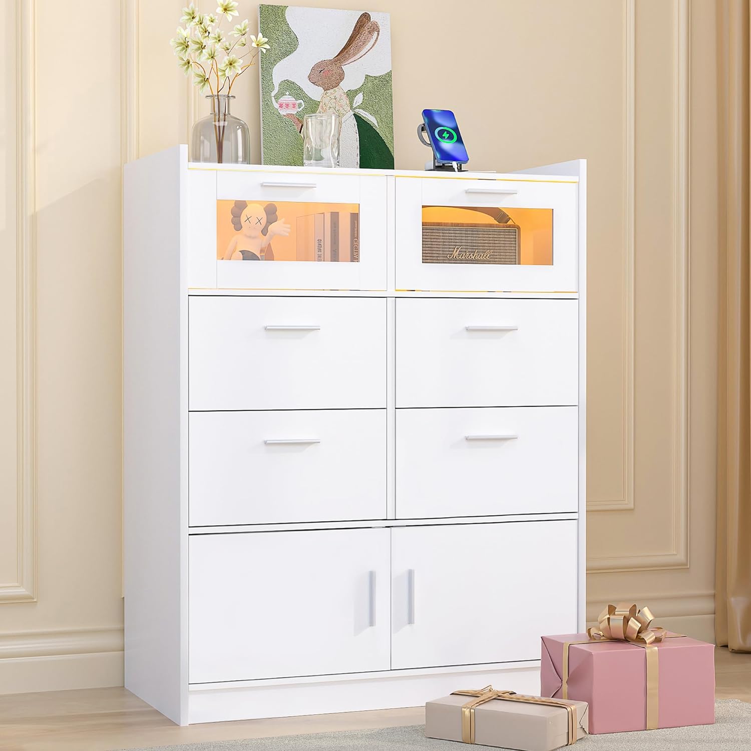 VECELO Dresser for Bedroom Chest of 4 Drawers/6 Drawer with Adjustable LED Lights