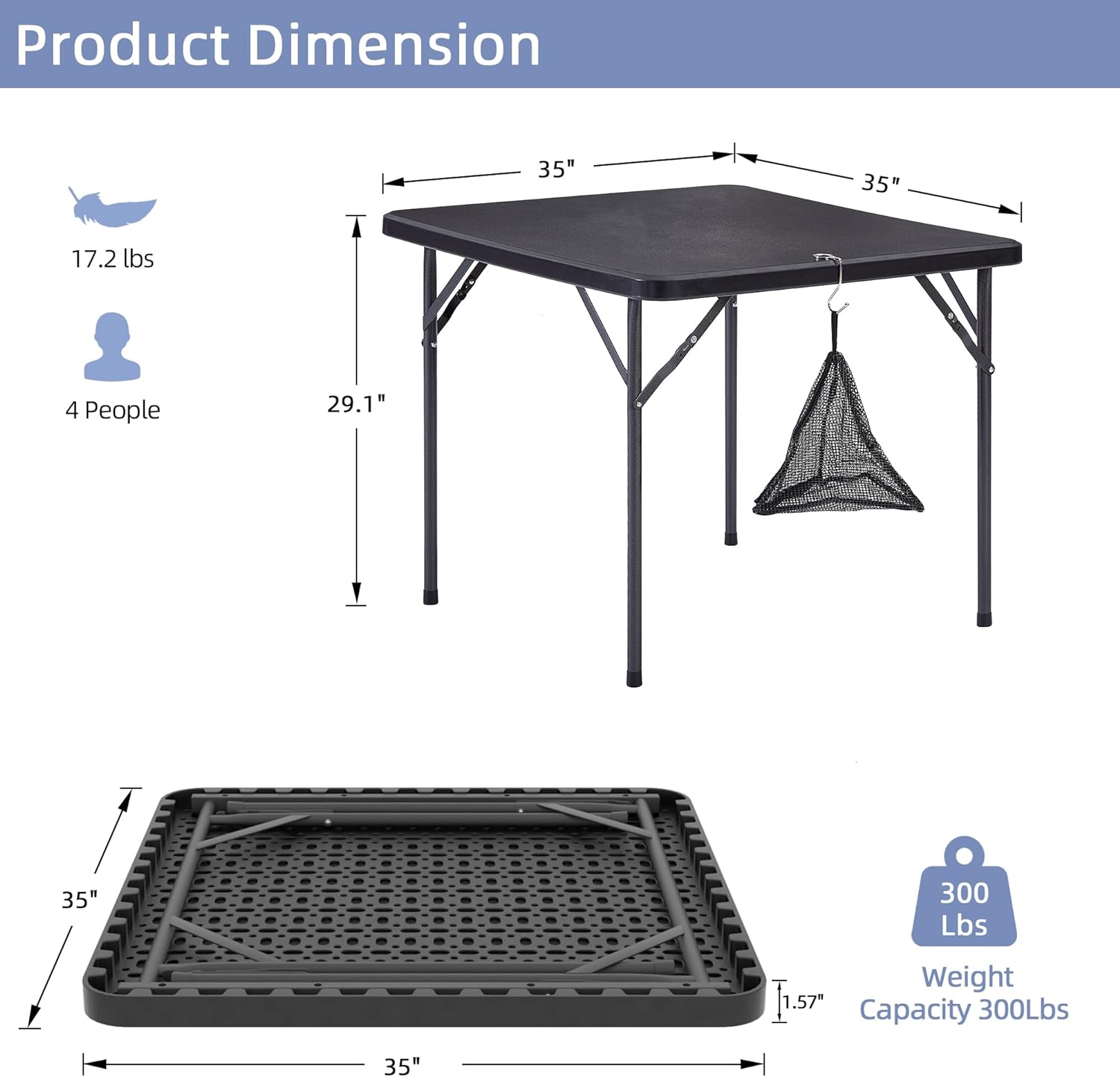 VECELO Folding Plastic Card Table Square with Mesh Bag