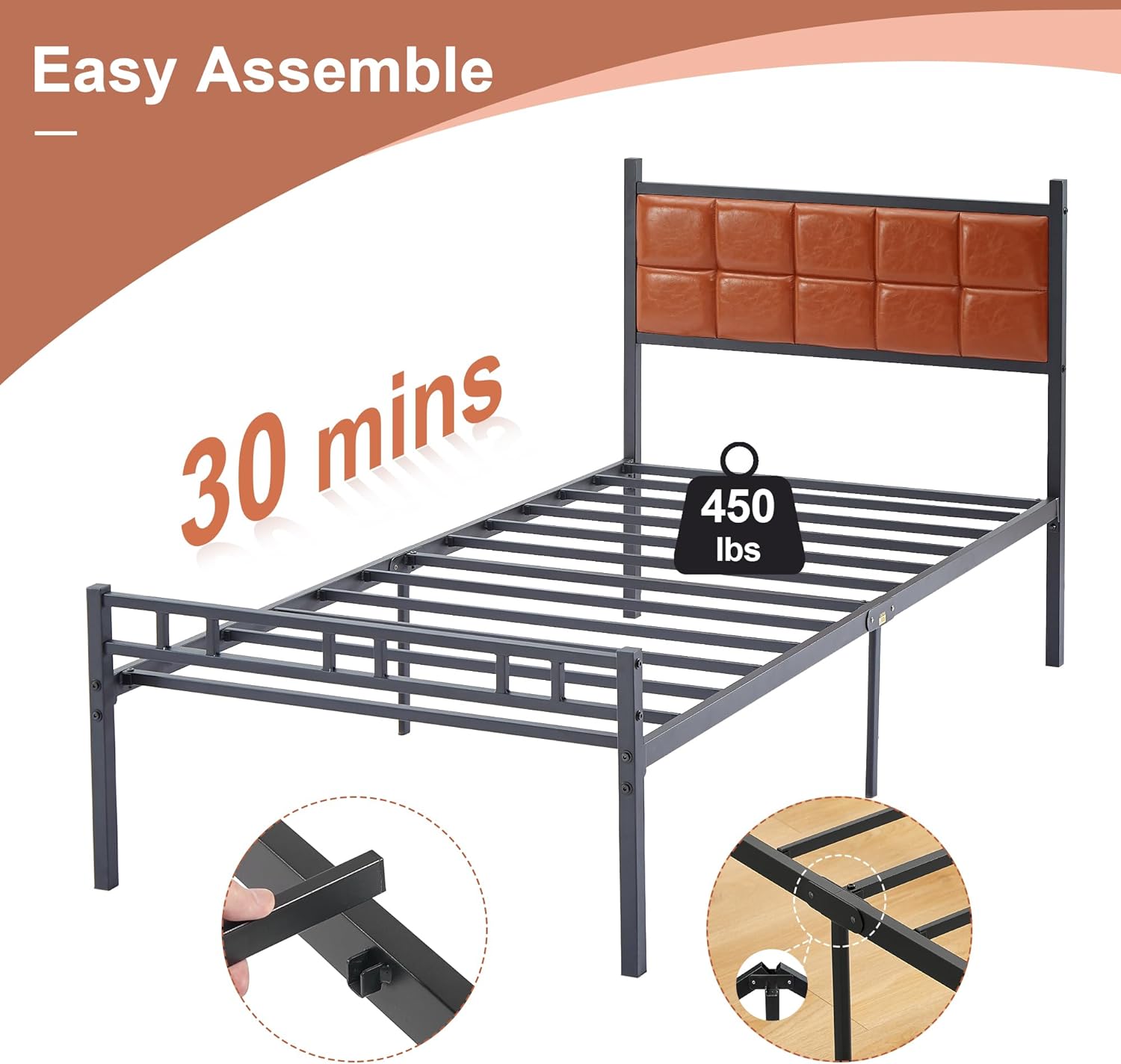 VECELO Bed Frame with PU Upholstered Headboard Metal Slats Support, No Box Spring Needed - VECELO