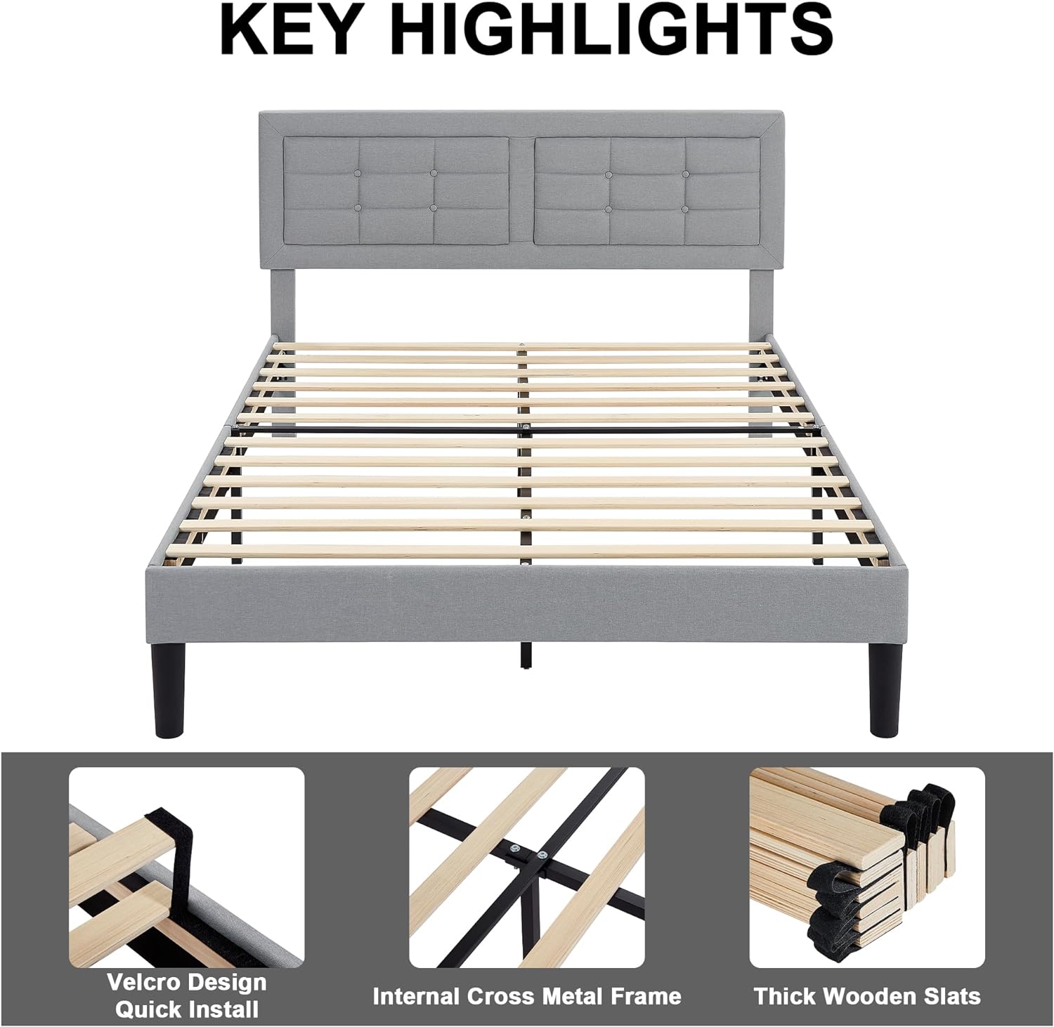 VECELO Upholstered Platform Bed Frame with Height Adjustable Headboard