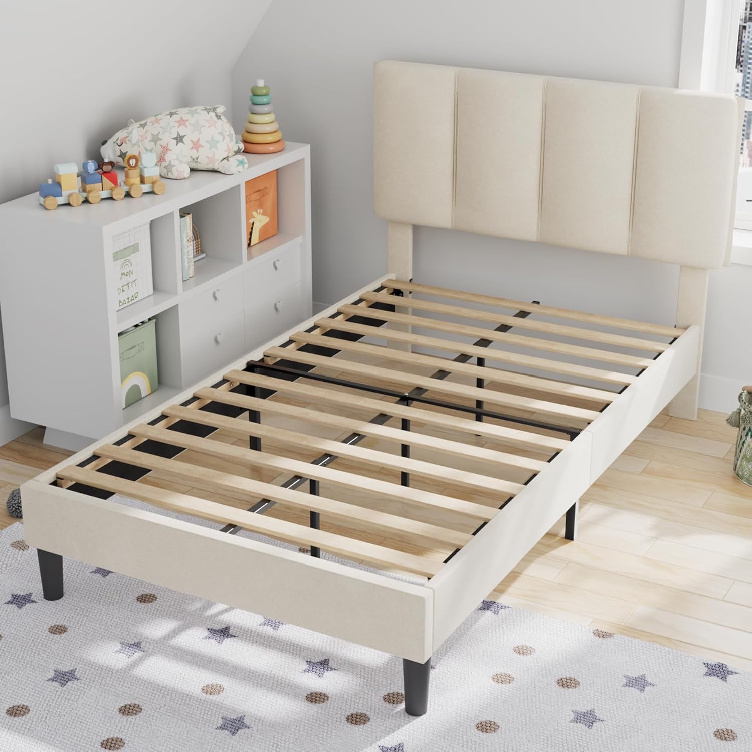 VECELO Modern Upholstered Platform Bedframe, Adjustable Headboard