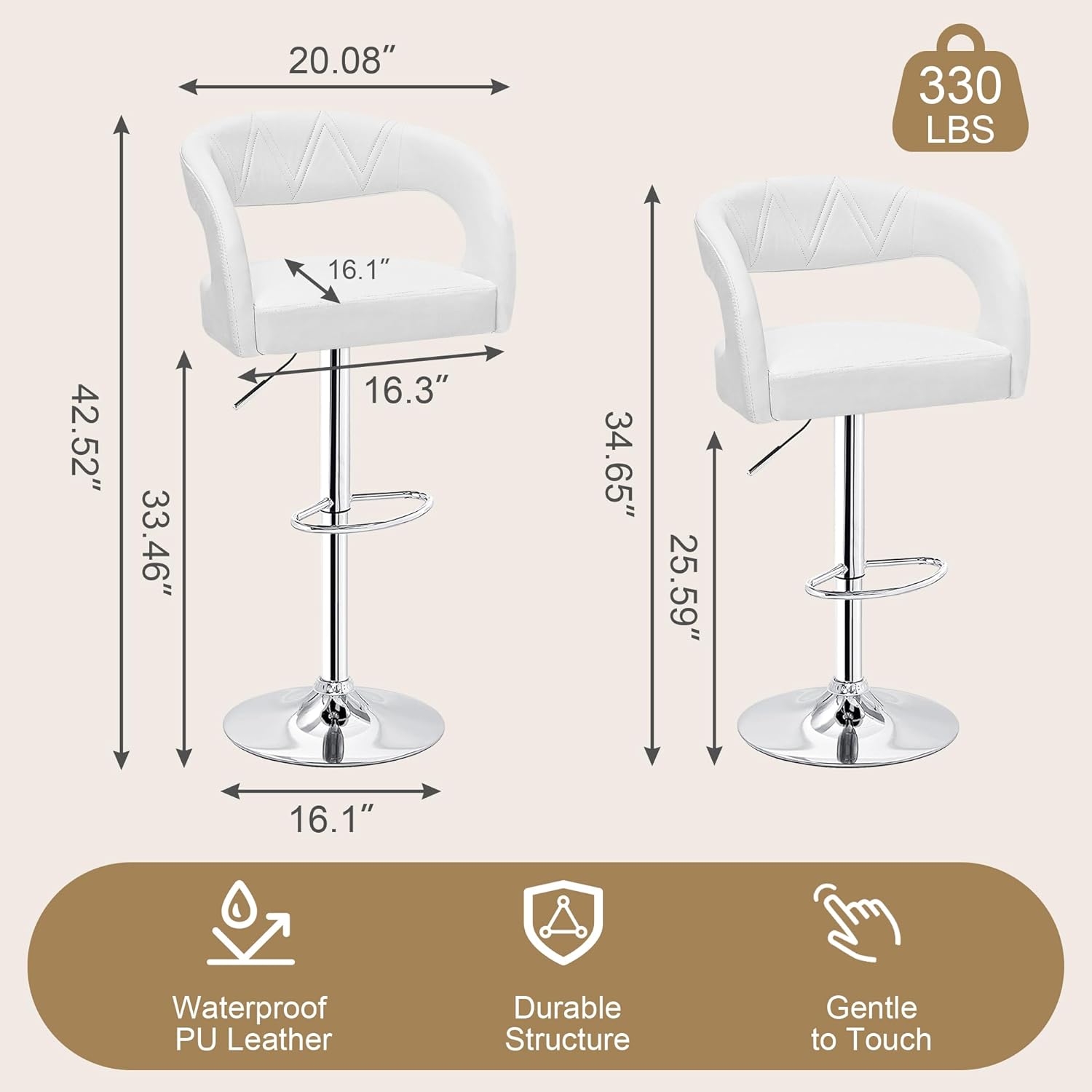 VECELO Bar Stools Set of 2 Adjustable Swivel Modern Pu Leather Barstools - VECELO