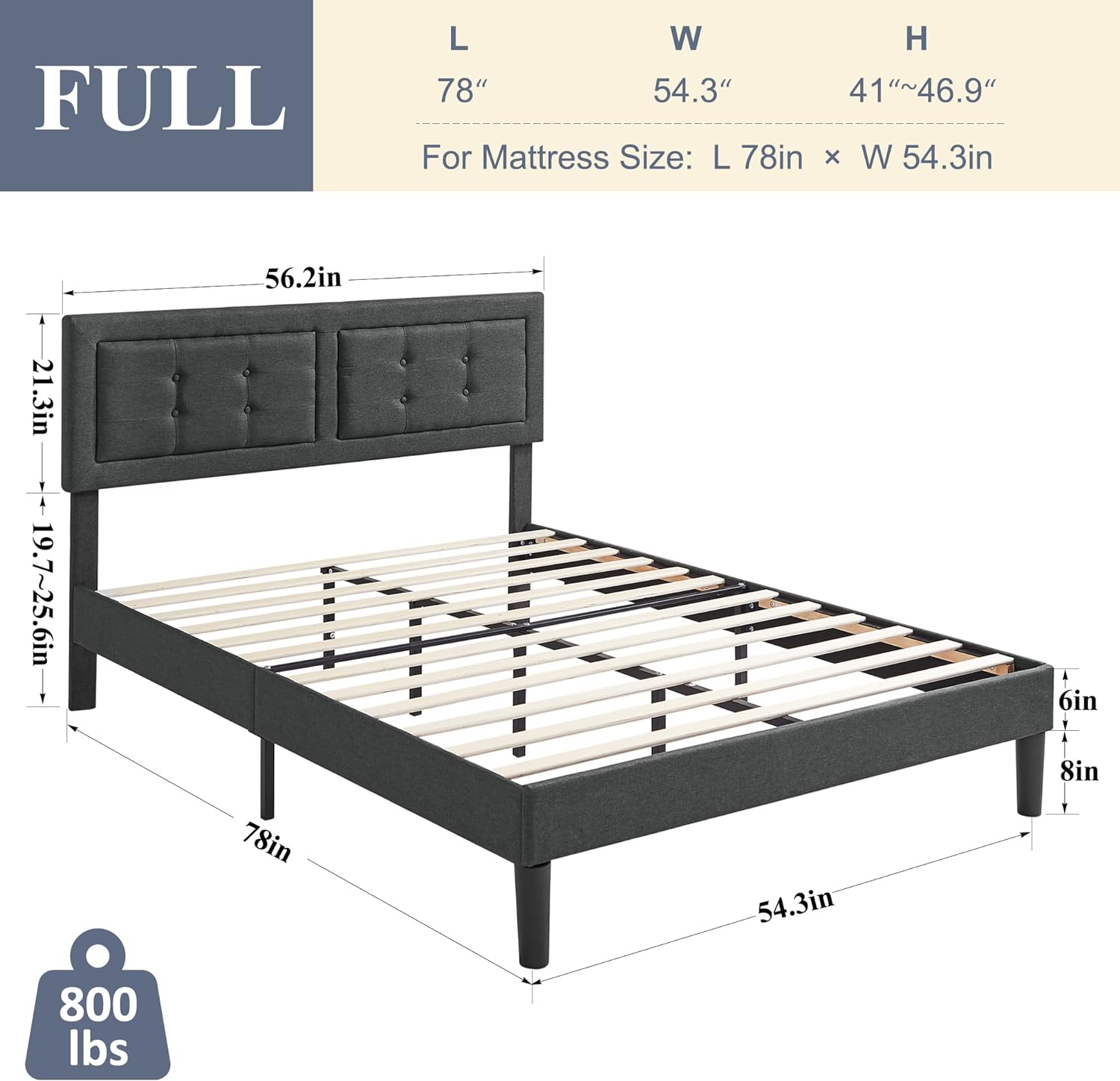 VECELO Upholstered Platform Bed Frame with Height Adjustable Headboard