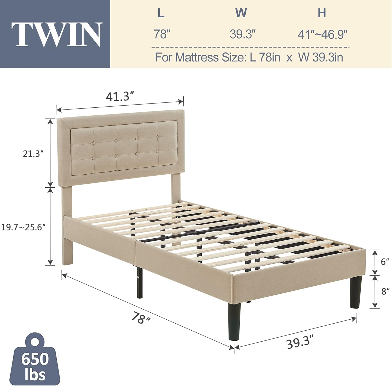VECELO Upholstered Platform Bed Frame with Height Adjustable Headboard