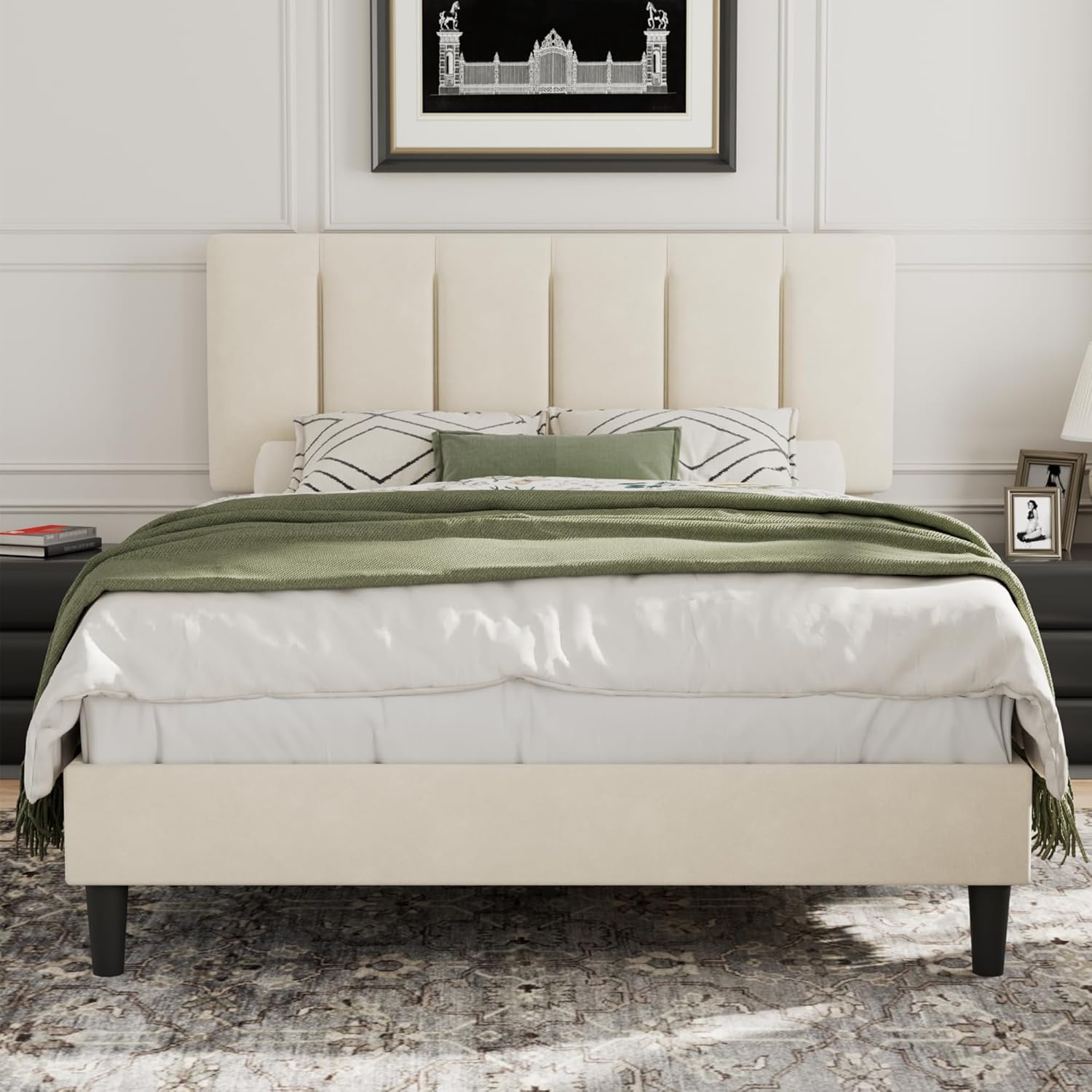VECELO Modern Upholstered Platform Bedframe, Adjustable Headboard