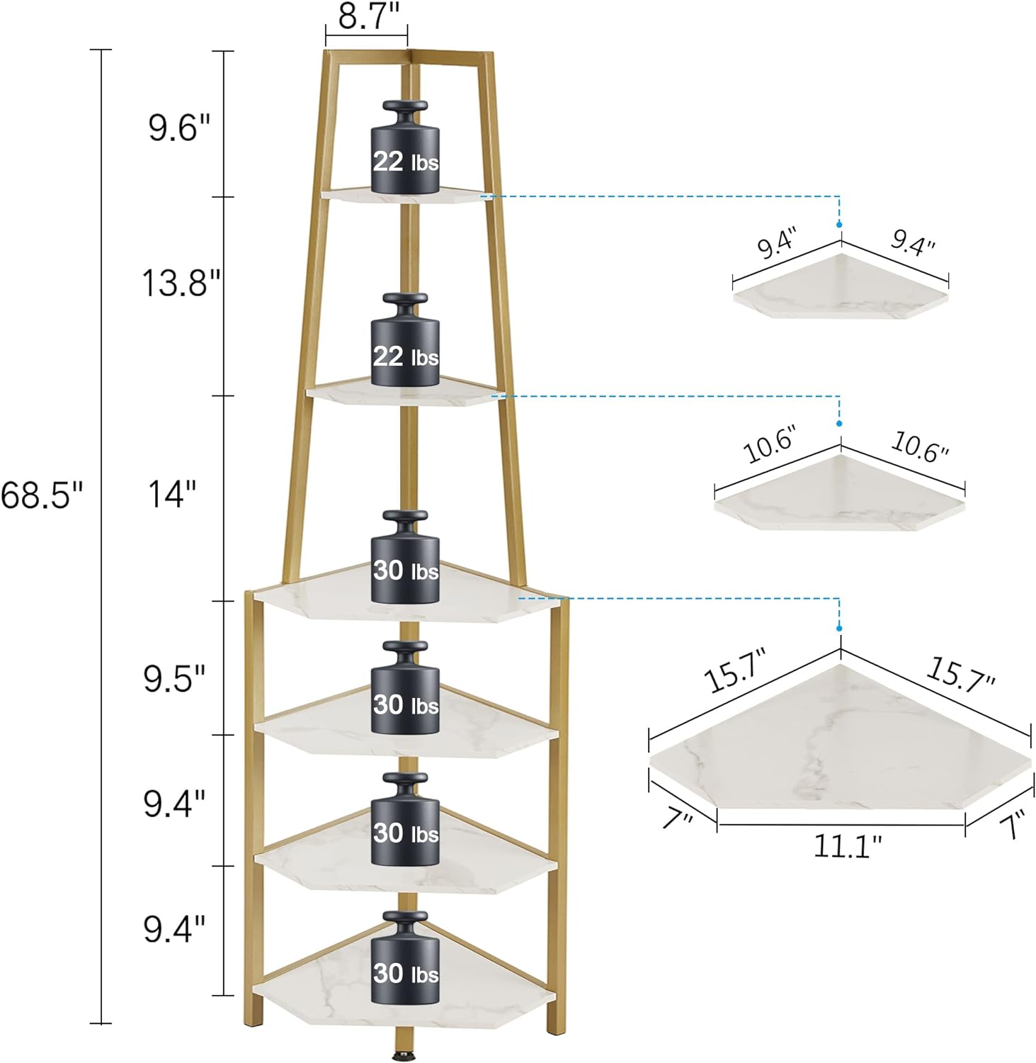 VECELO 6 Tier Corner Shelf, 69 Inch Industrial Bookshelf/Storage Stand with Metal Frame - VECELO