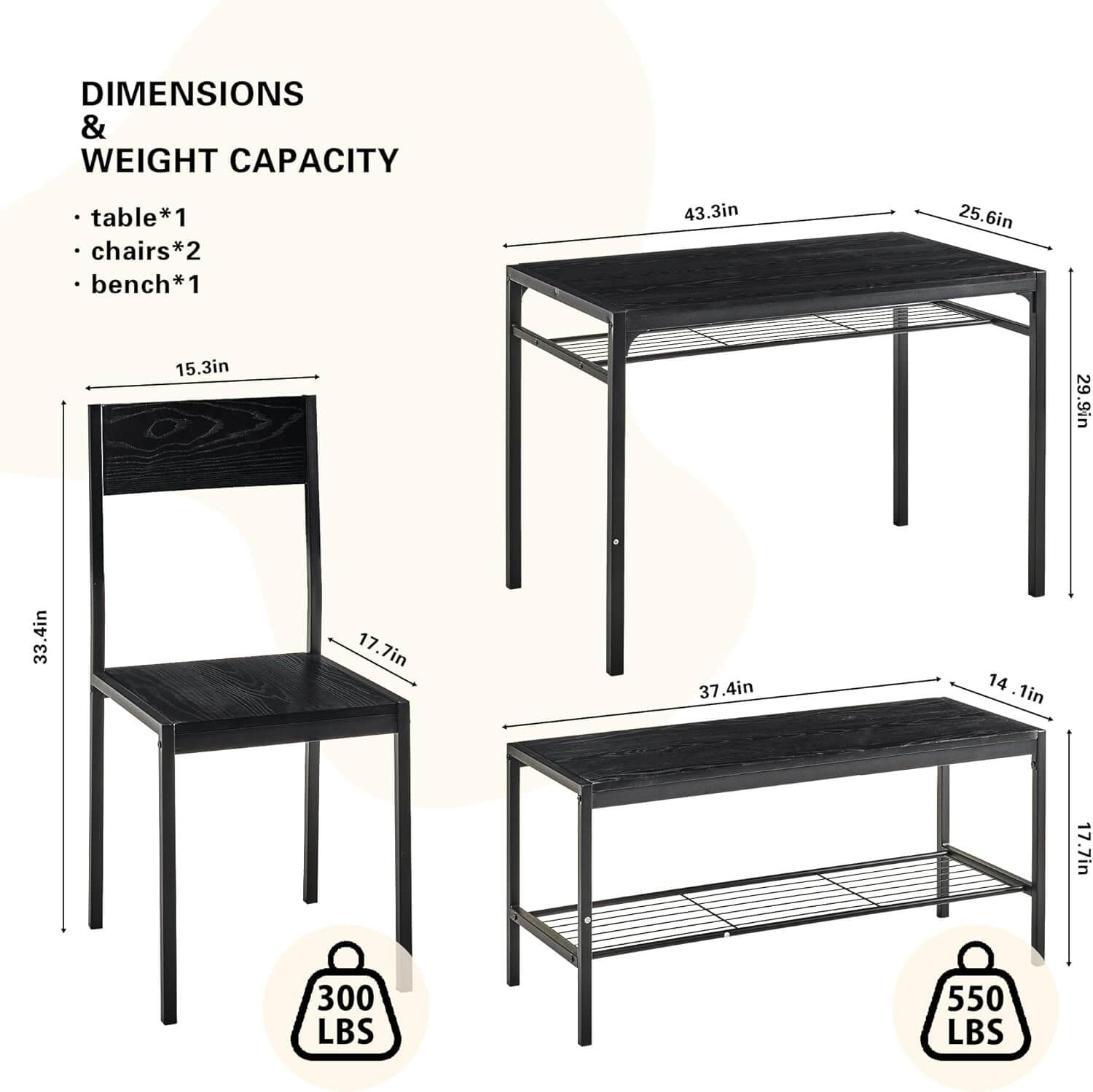 Dimensions of VECELO Kitchen Dining Set with table, two chairs, and a bench showcasing weight capacities.