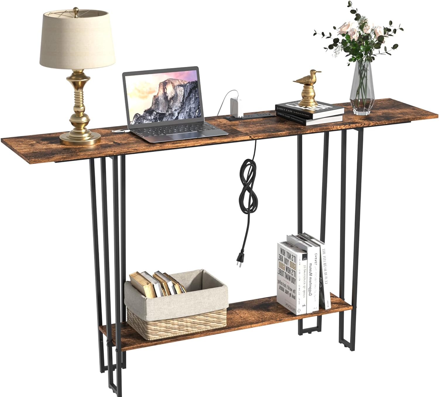 VECELO Couch Side & Console Table with 2 Outlets & 2 USB Ports - VECELO