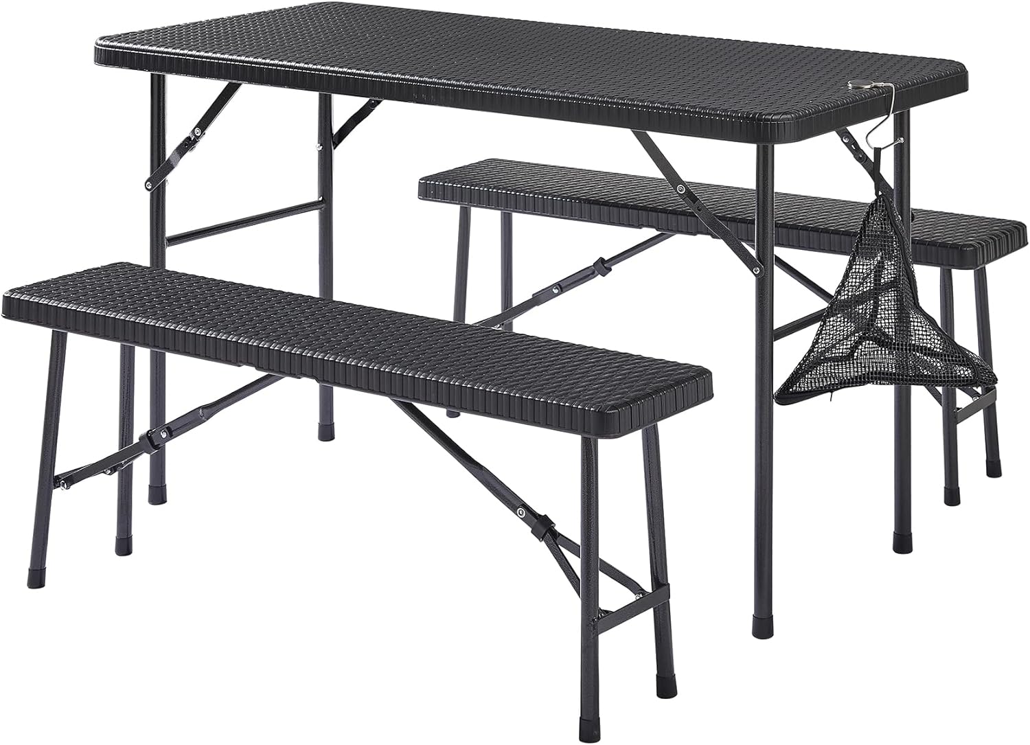 VECELO Dining Set for 4, Faux Rattan Folding Table with 2 Benches