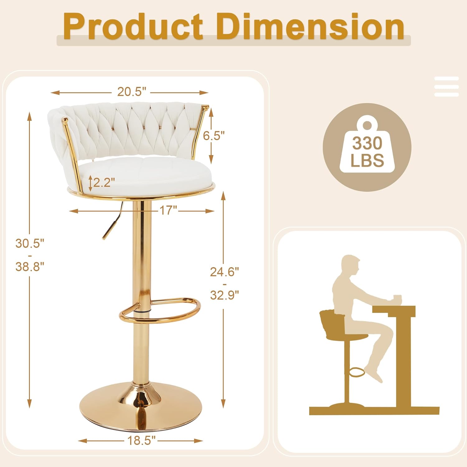 VECELO Bar Stools Set of 2, Adjustable Barstools Counter Height Stools with Back and Arm - VECELO