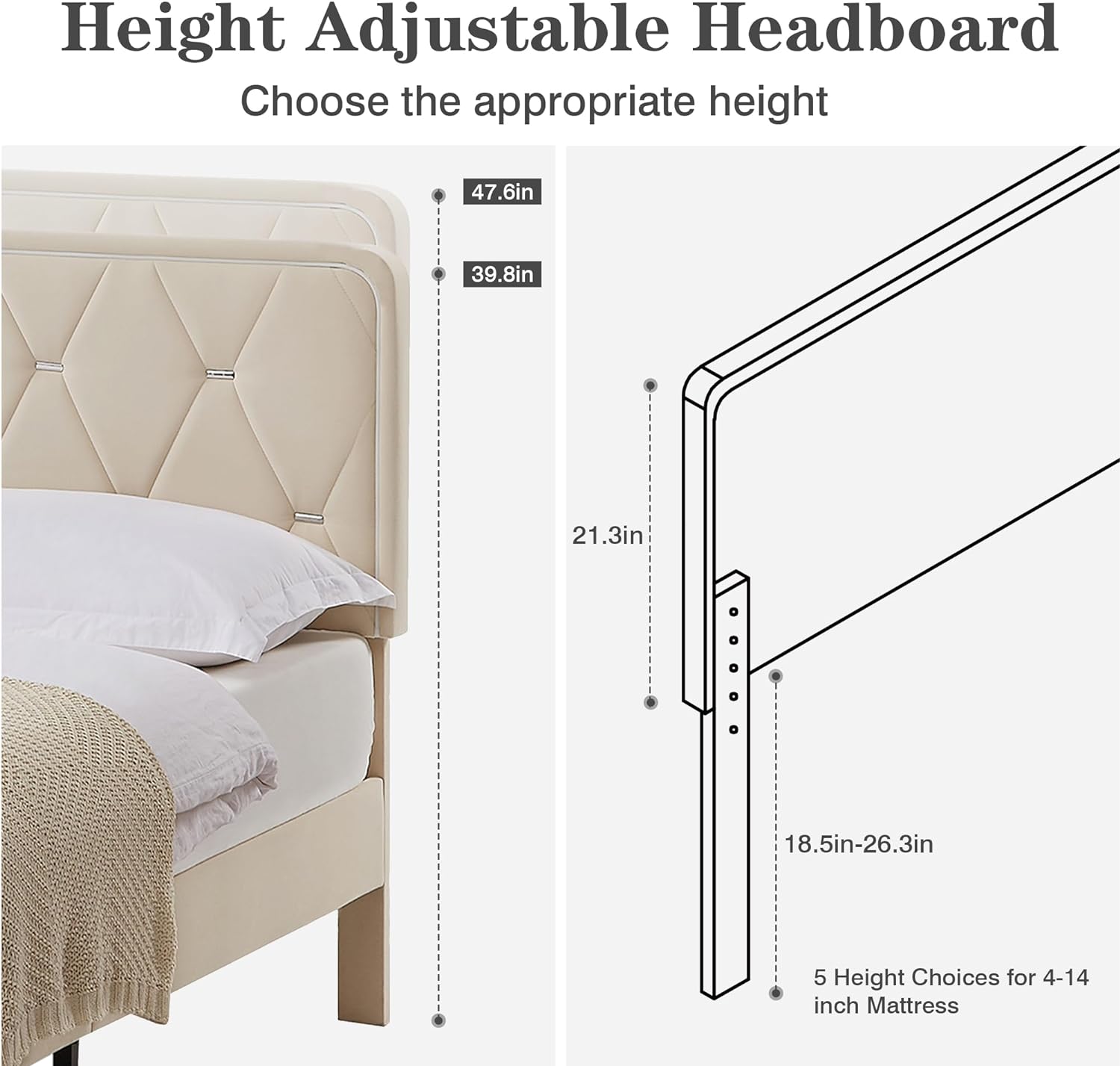 VECELO Upholstered Bed Frame with LED Lights, Charging Station, Velvet Platform Bed