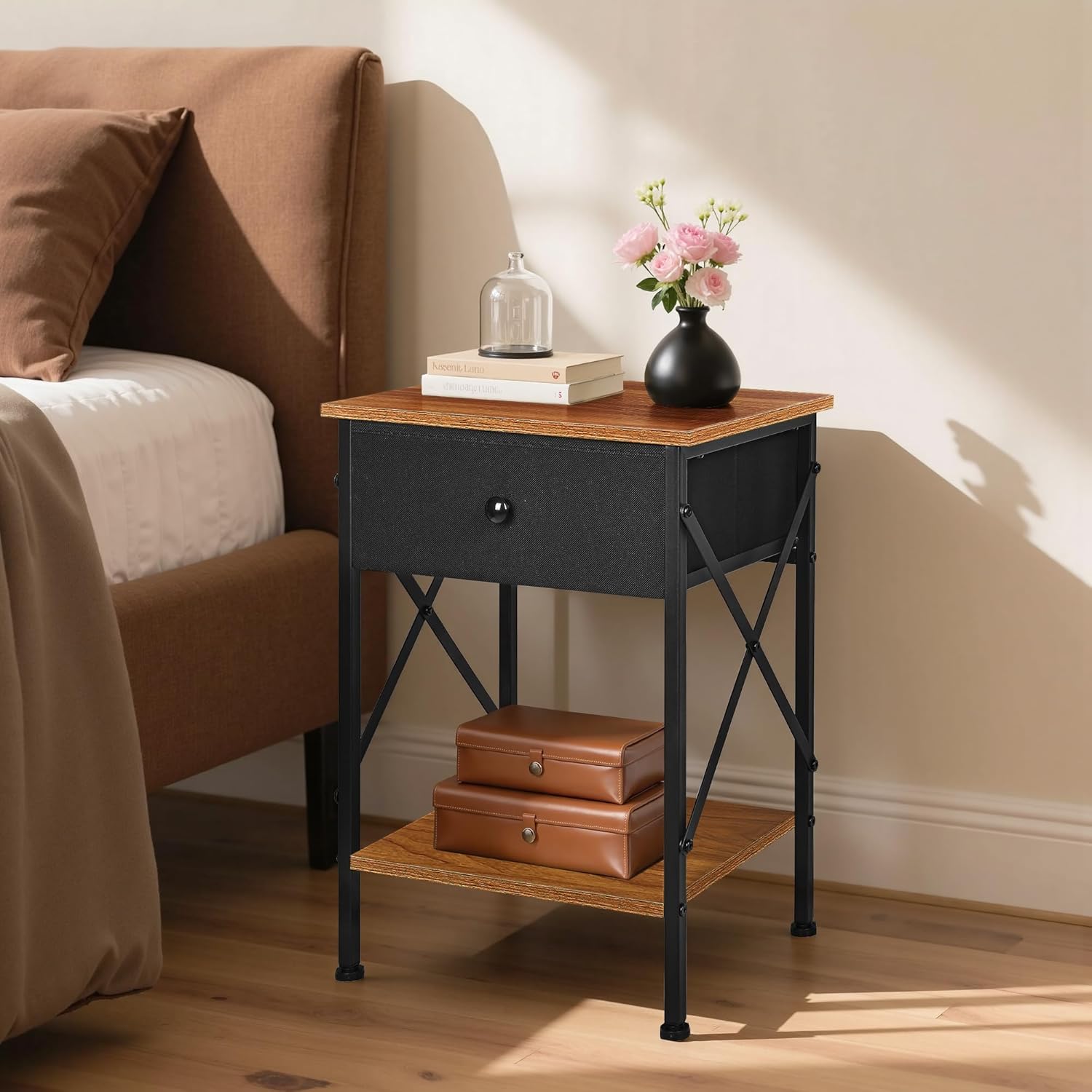 VECELO Nightstand Set of 2, X-Design End Side Table with Fabric Storage Drawer and Open Shelf
