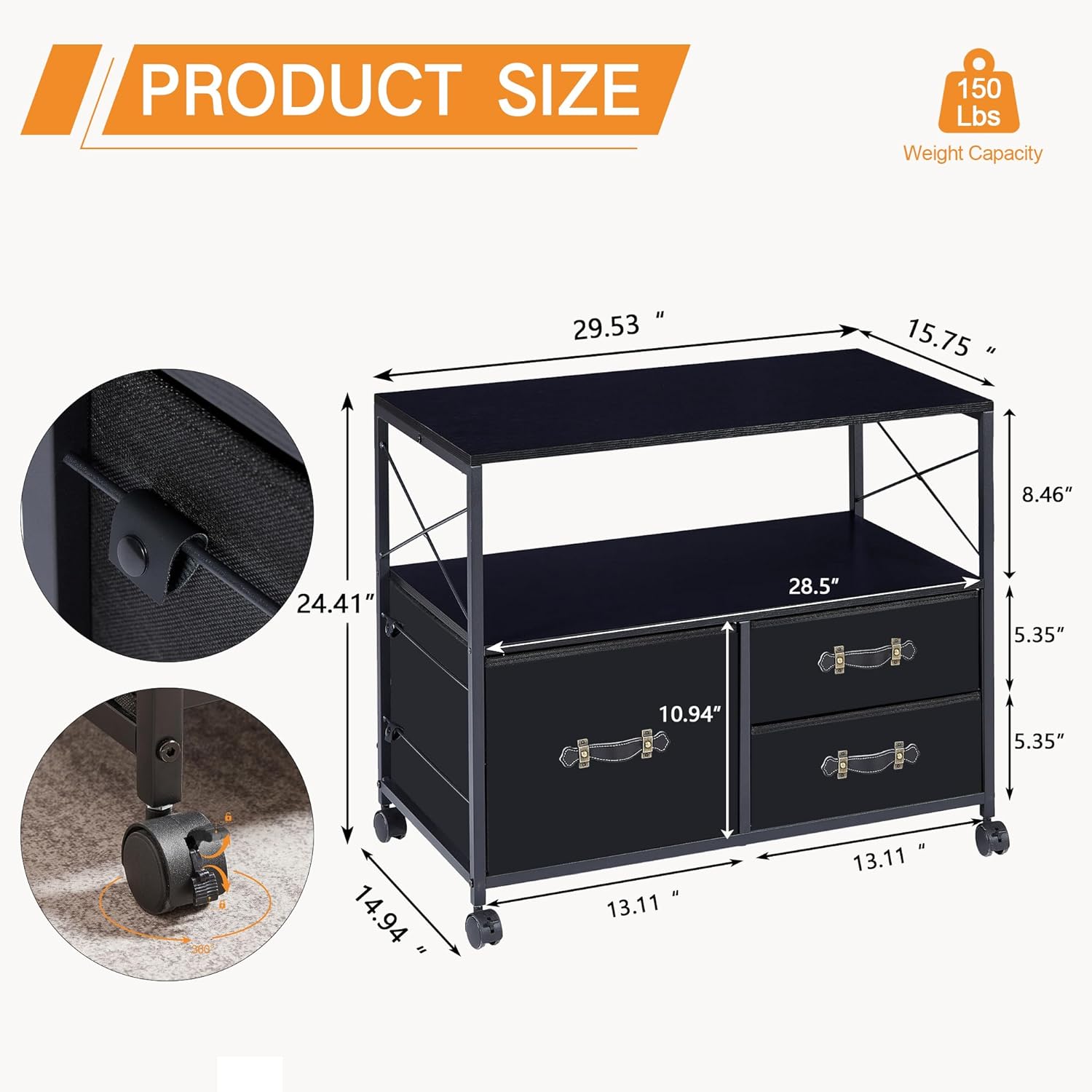 VECELO 3 Drawer Lateral File Cabinet, Rolling Printer Stand with Open Storage Shelf - VECELO