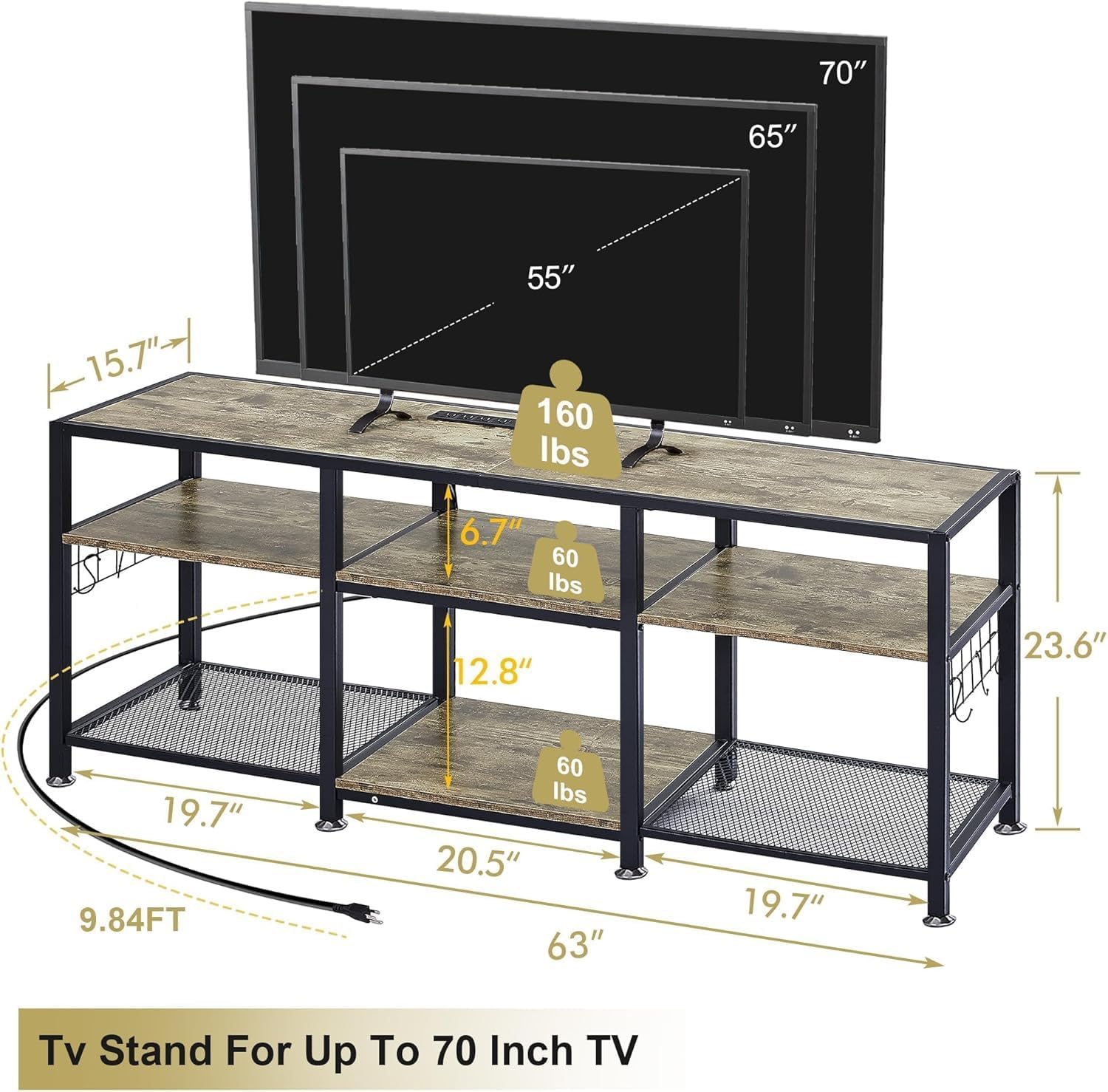 VECELO 63" TV Stand with Power Outlets for 55/60/65/70 Inch Television