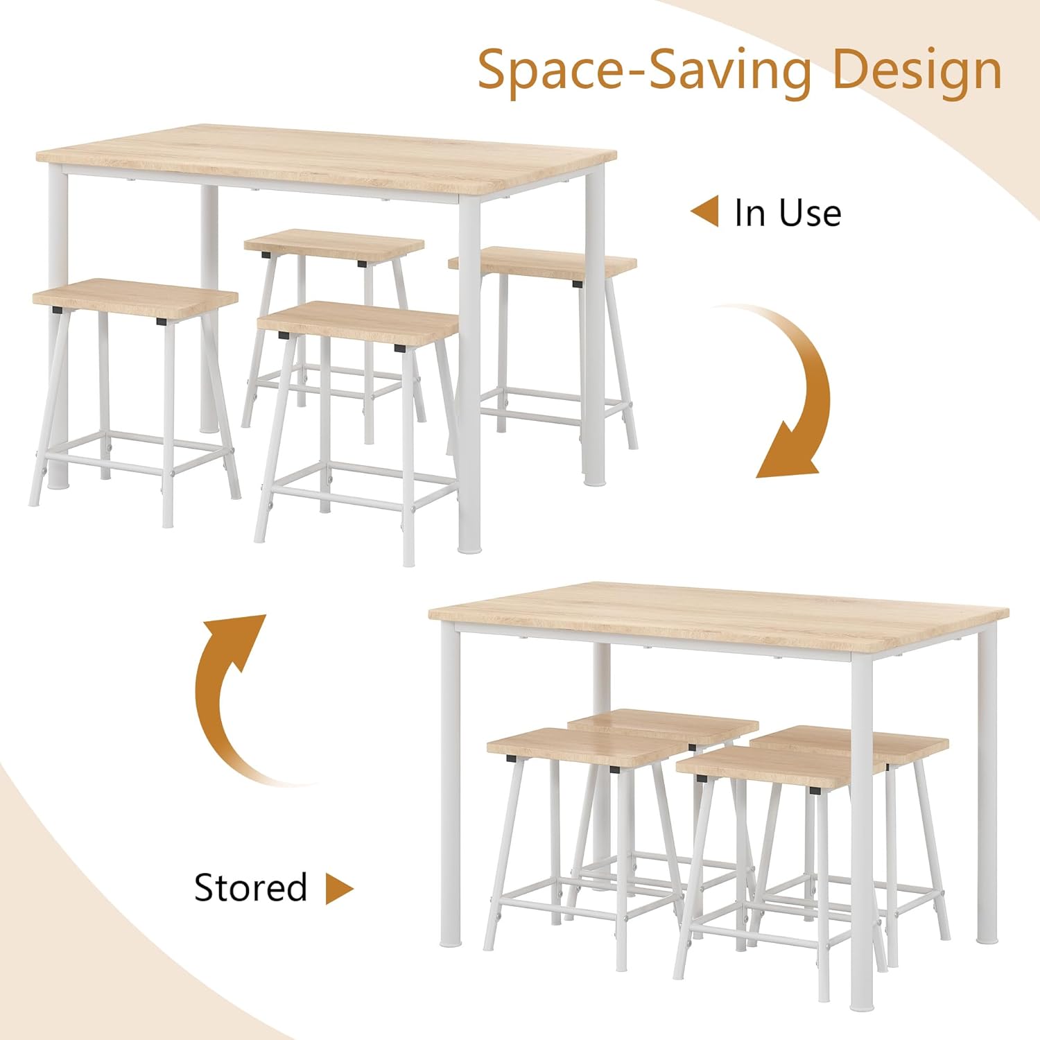 VECELO 5-Piece Dining Table Set Metal and Wood Kitchen Furniture with 4 Stools - VECELO