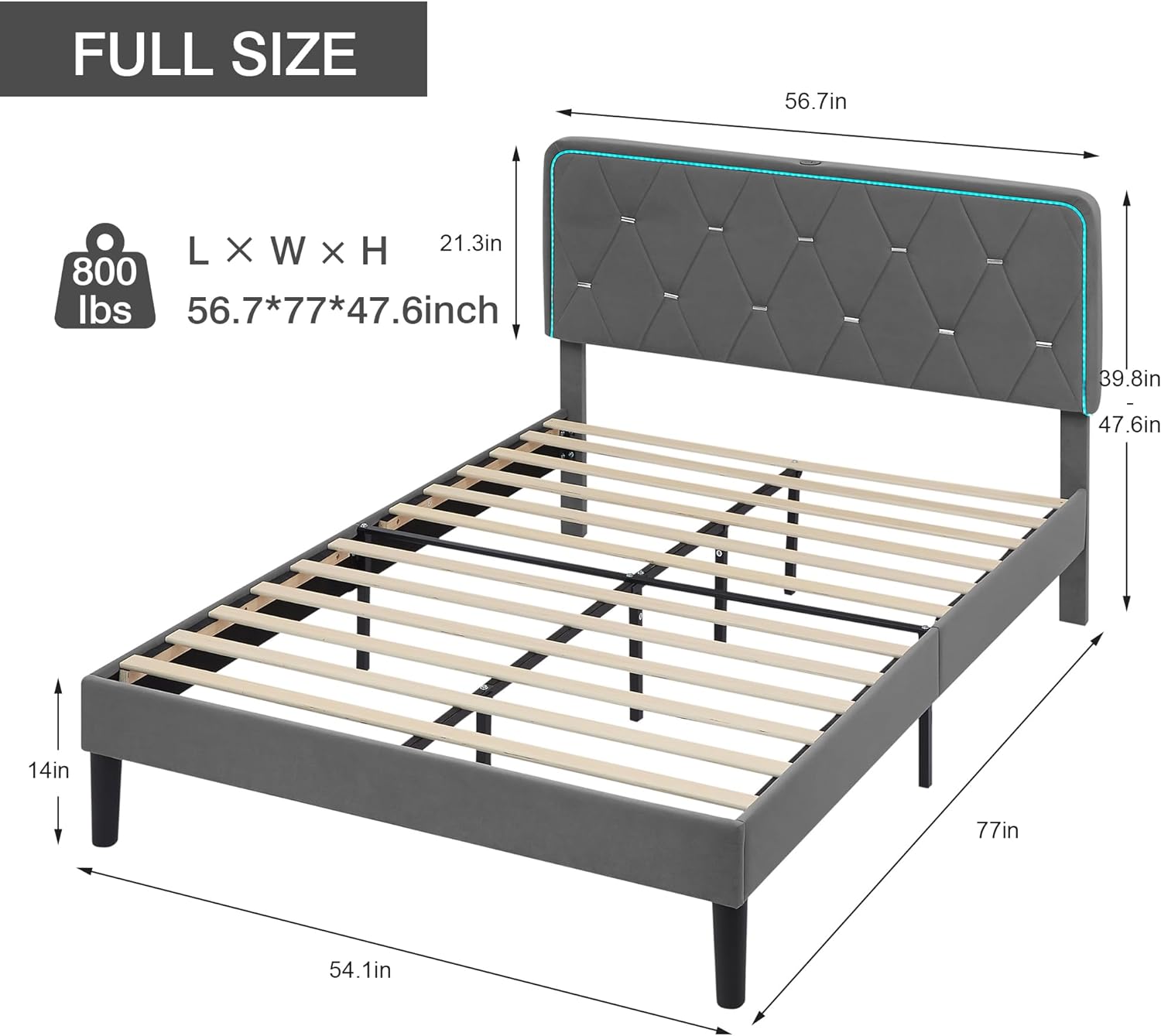 VECELO Upholstered Bed Frame with LED Lights, Charging Station, Velvet Platform Bed