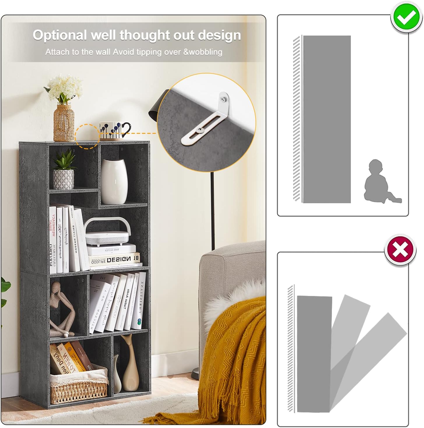 VECELO 42 Inch High Bookcase, 4-Tier Modern Storage Cabinet 7 Cubes - VECELO