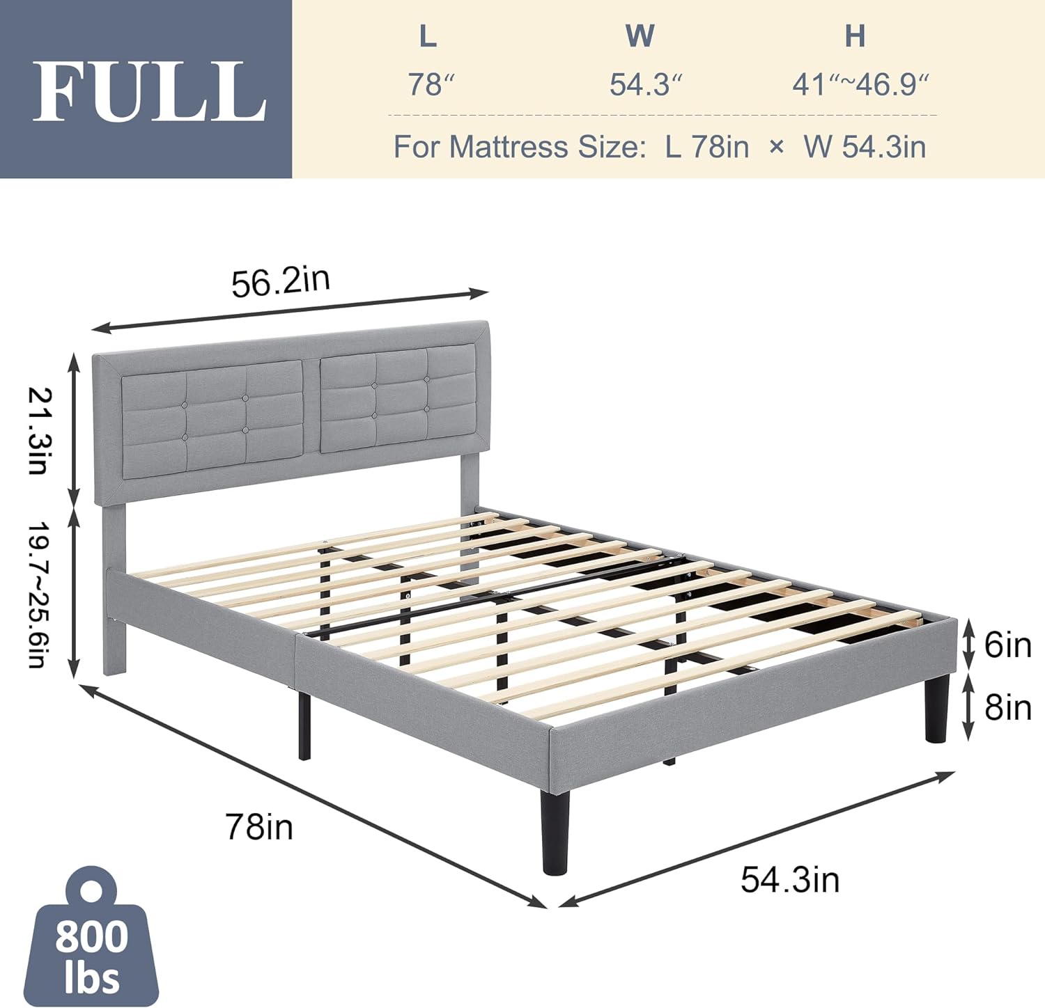 VECELO Upholstered Platform Bed Frame with Height Adjustable Headboard