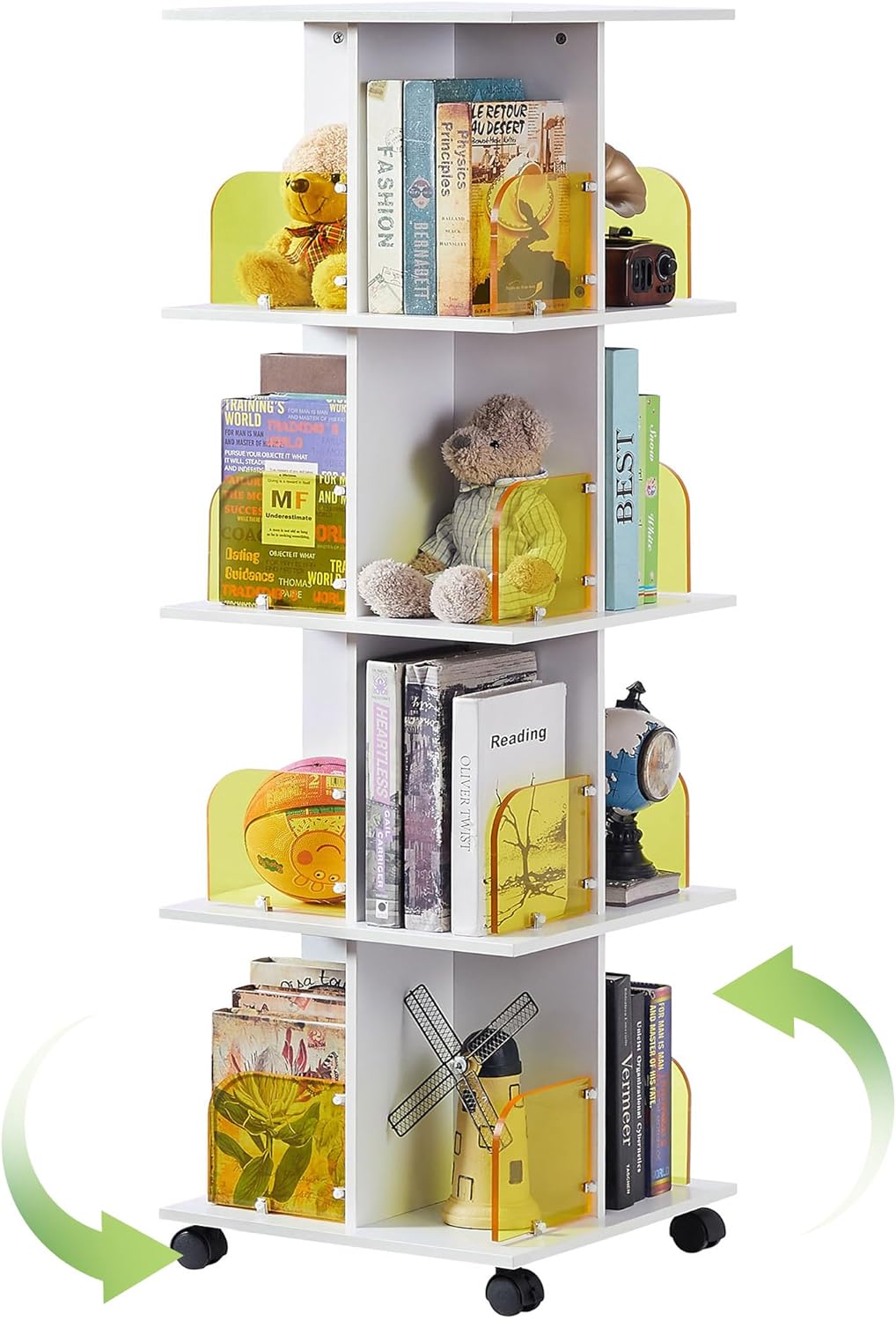 VECELO 4 Tier Rotating Bookshelf Tower,360° Corner Display Shelf with Wheels - VECELO