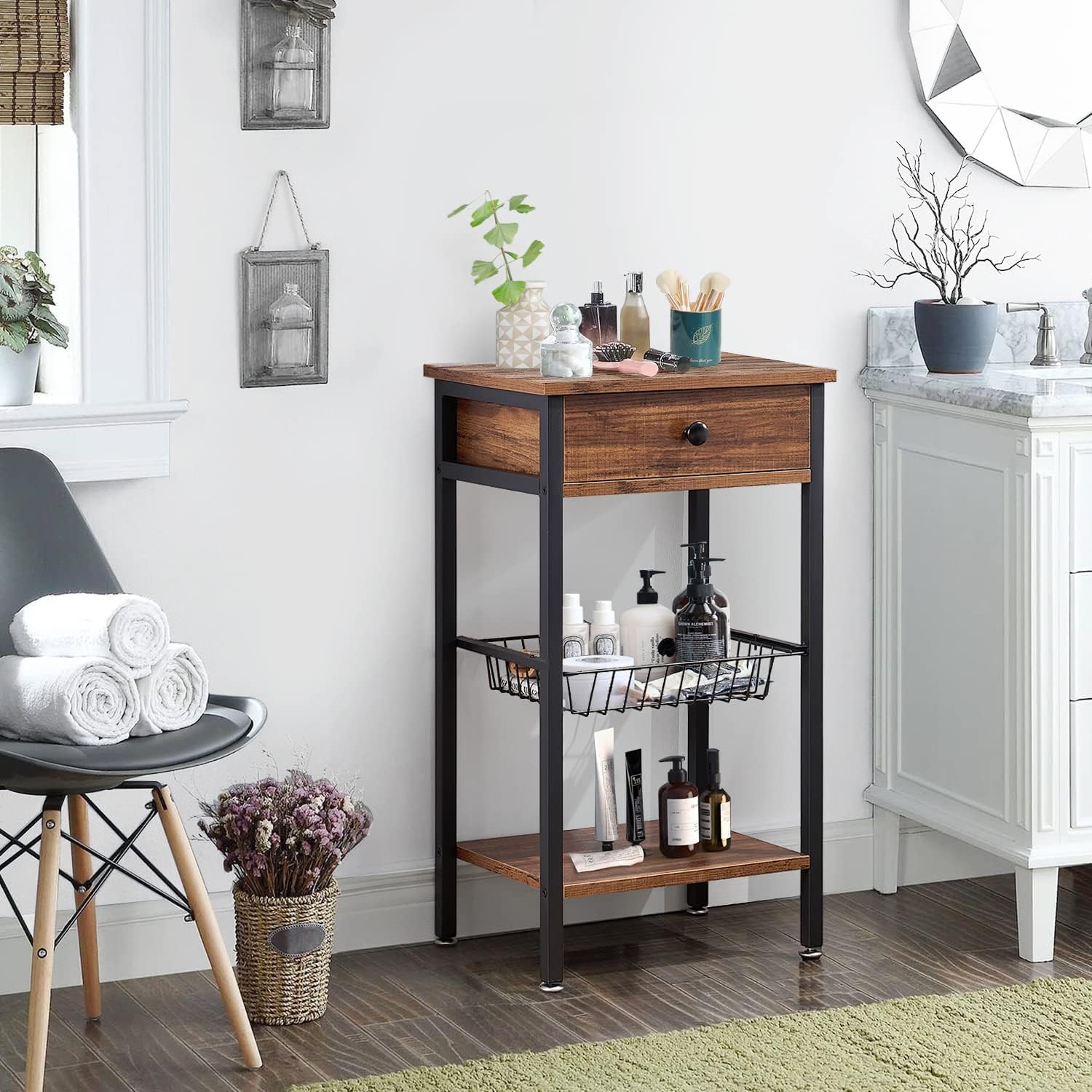 VECELO Industrial Retro Side Nightstand with Storage Shelf Tall End Tables