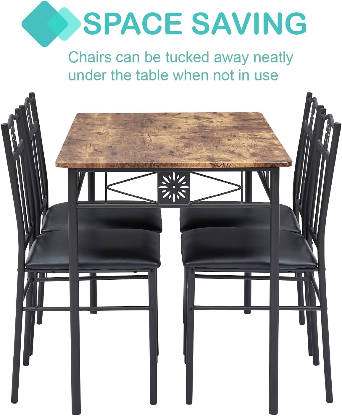 VECELO 5 Piece Dining Table Set with 4 Chairs Metal and Wood Rectangular Table