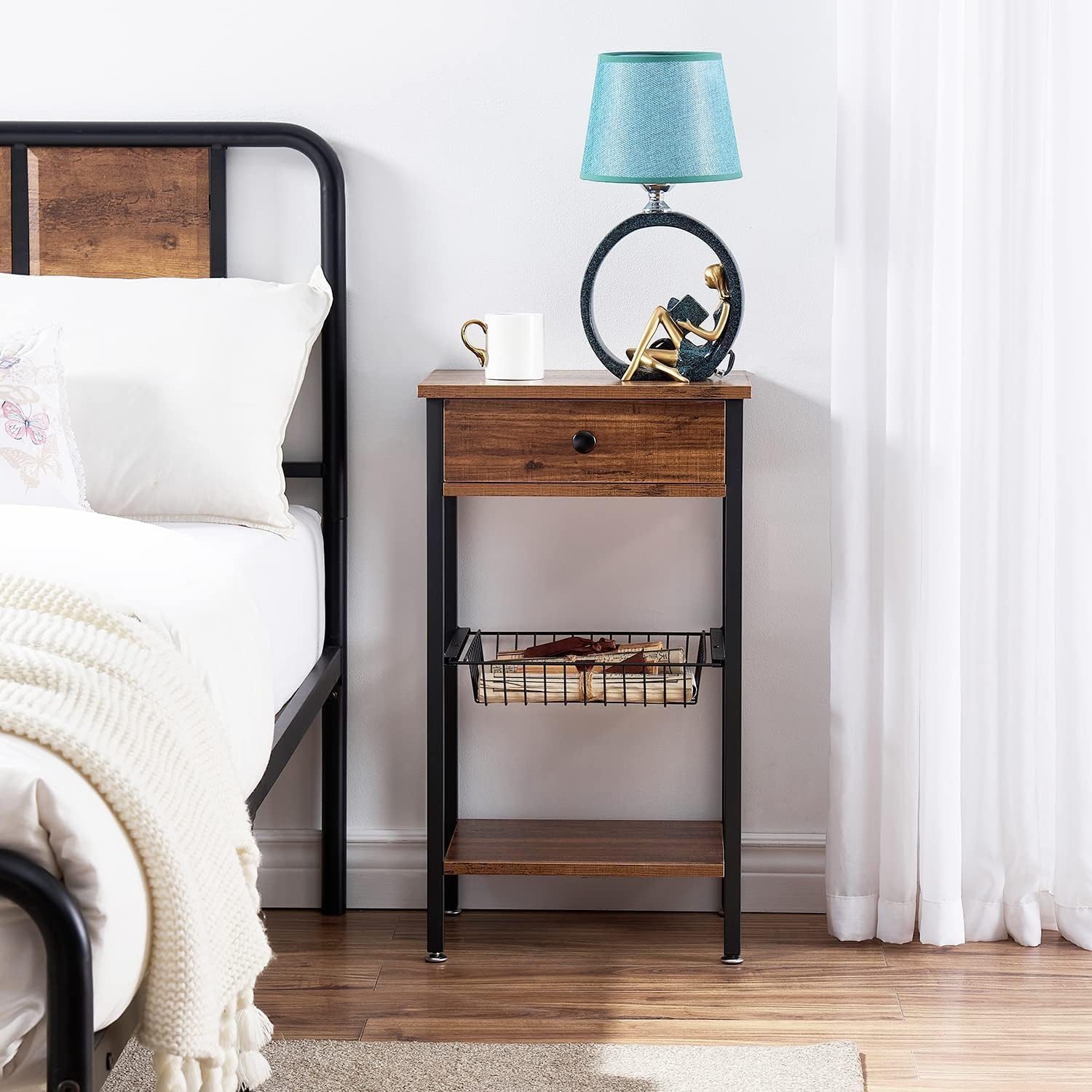 VECELO Industrial Retro Side Nightstand with Storage Shelf Tall End Tables