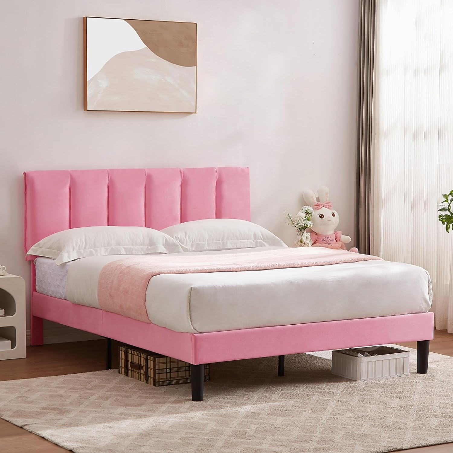 VECELO Modern Upholstered Platform Bedframe, Adjustable Headboard