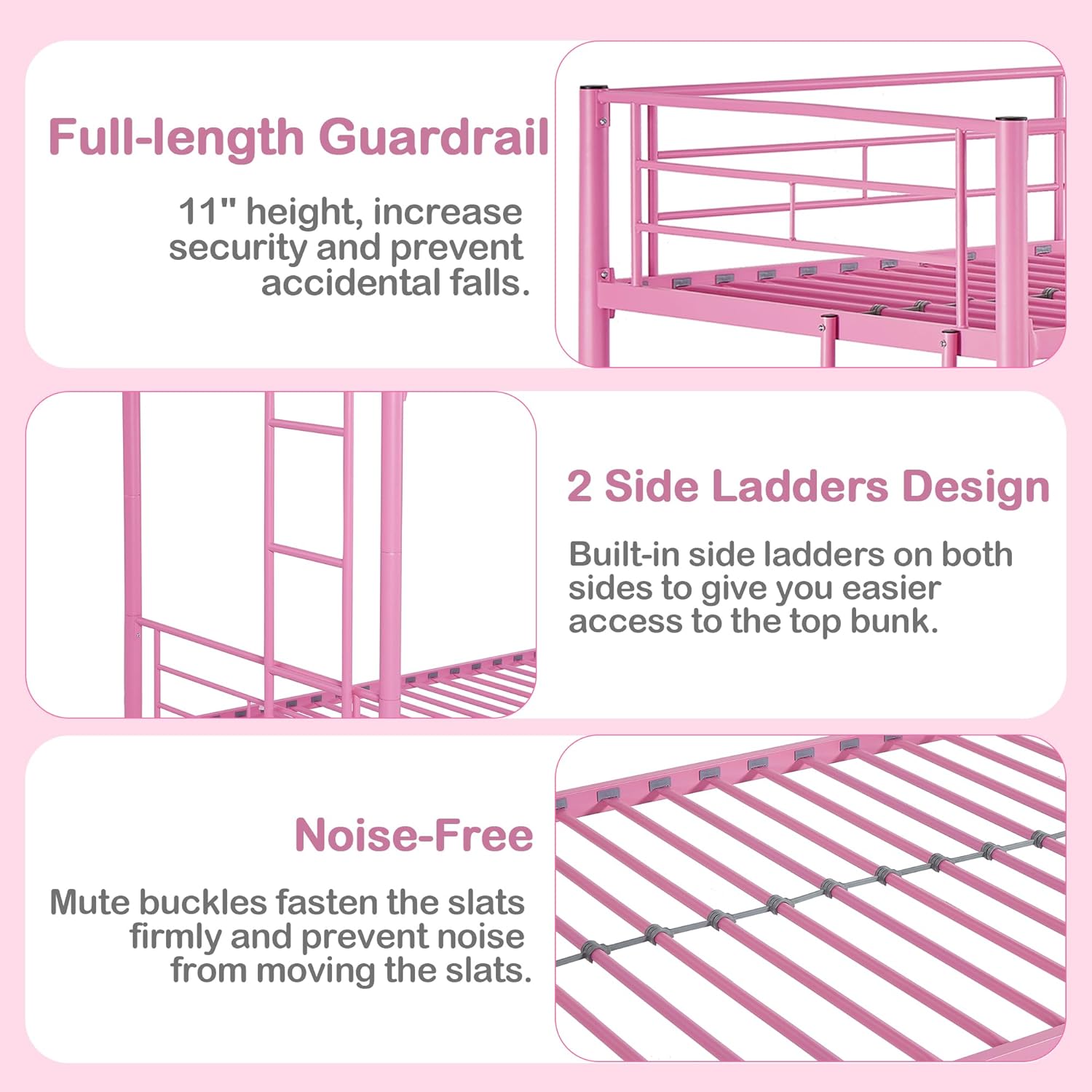 VECELO Bunk Bed Twin Over Twin with Trundle, Metal Bunkbeds with Ladder and Full-Length Guardrail - VECELO