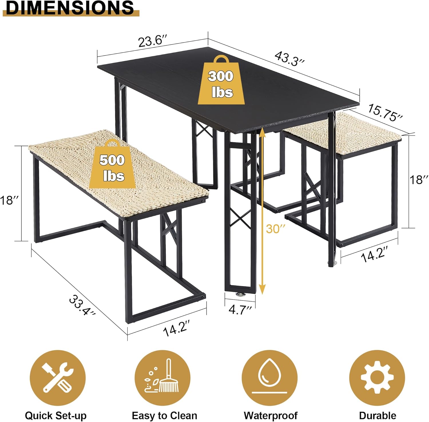 VECELO 43.3" Farmhouse Room Sets for 4 with 3 Benches Wicker-Knot Cushions - VECELO