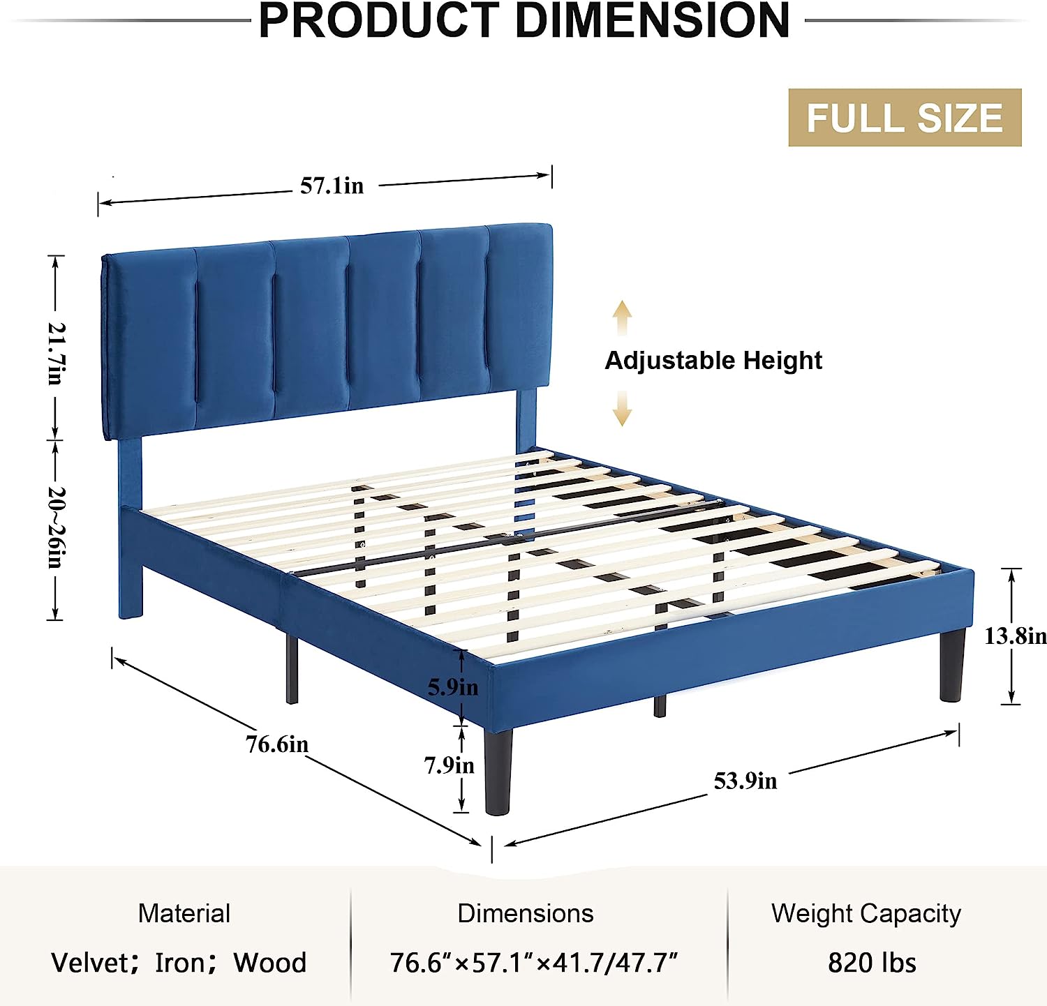 VECELO Modern Upholstered Platform Bedframe, Adjustable Headboard