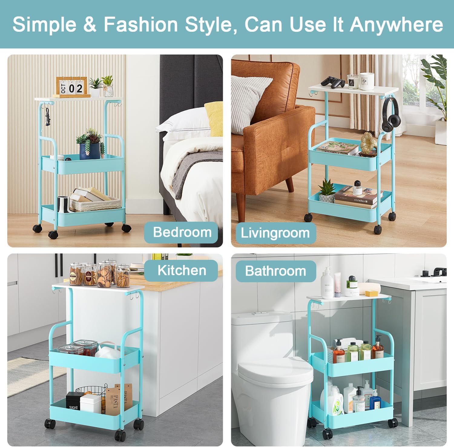 Storage Rolling Cart, 3 Tier Utility Cart Storage Unit Organizers