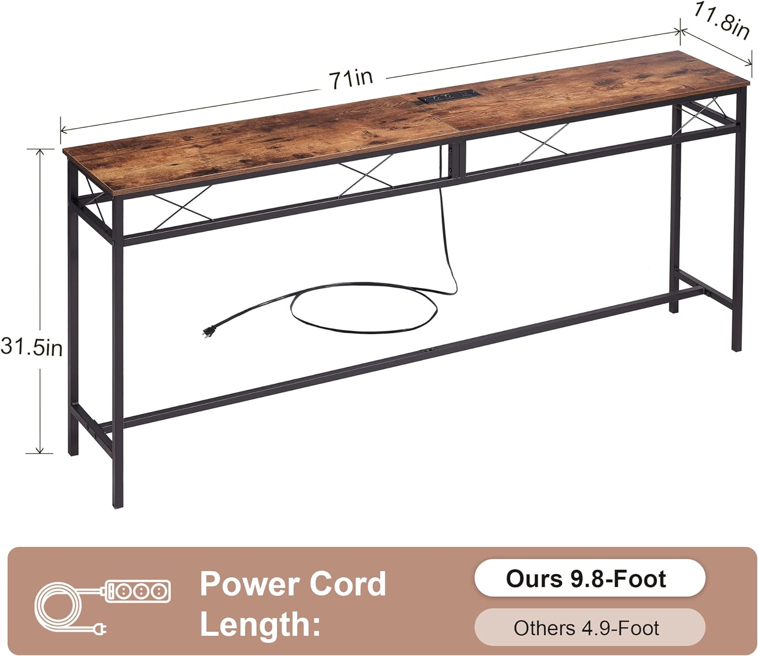 VECELO Extra Long Narrow Sofa/Console Table with Charging Station & Power Outlet and USB Ports