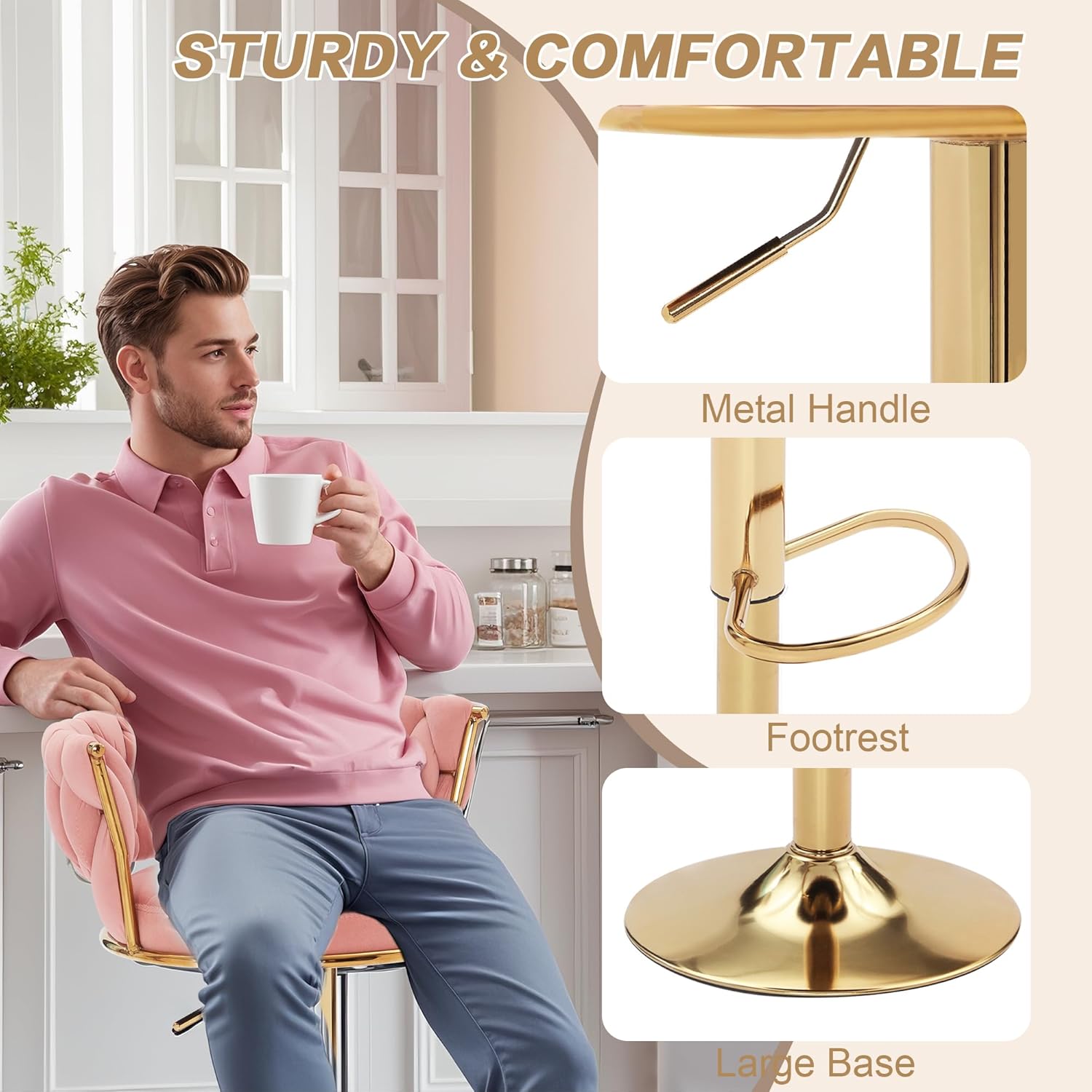 VECELO Bar Stools Set of 2, Adjustable Barstools Counter Height Stools with Back and Arm - VECELO