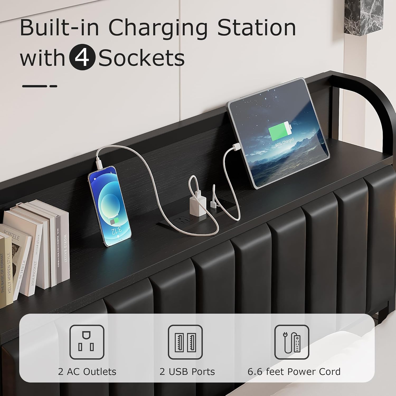 VECELO Twin Bed Frame, Storage Upholstered Headboard with Charging Station