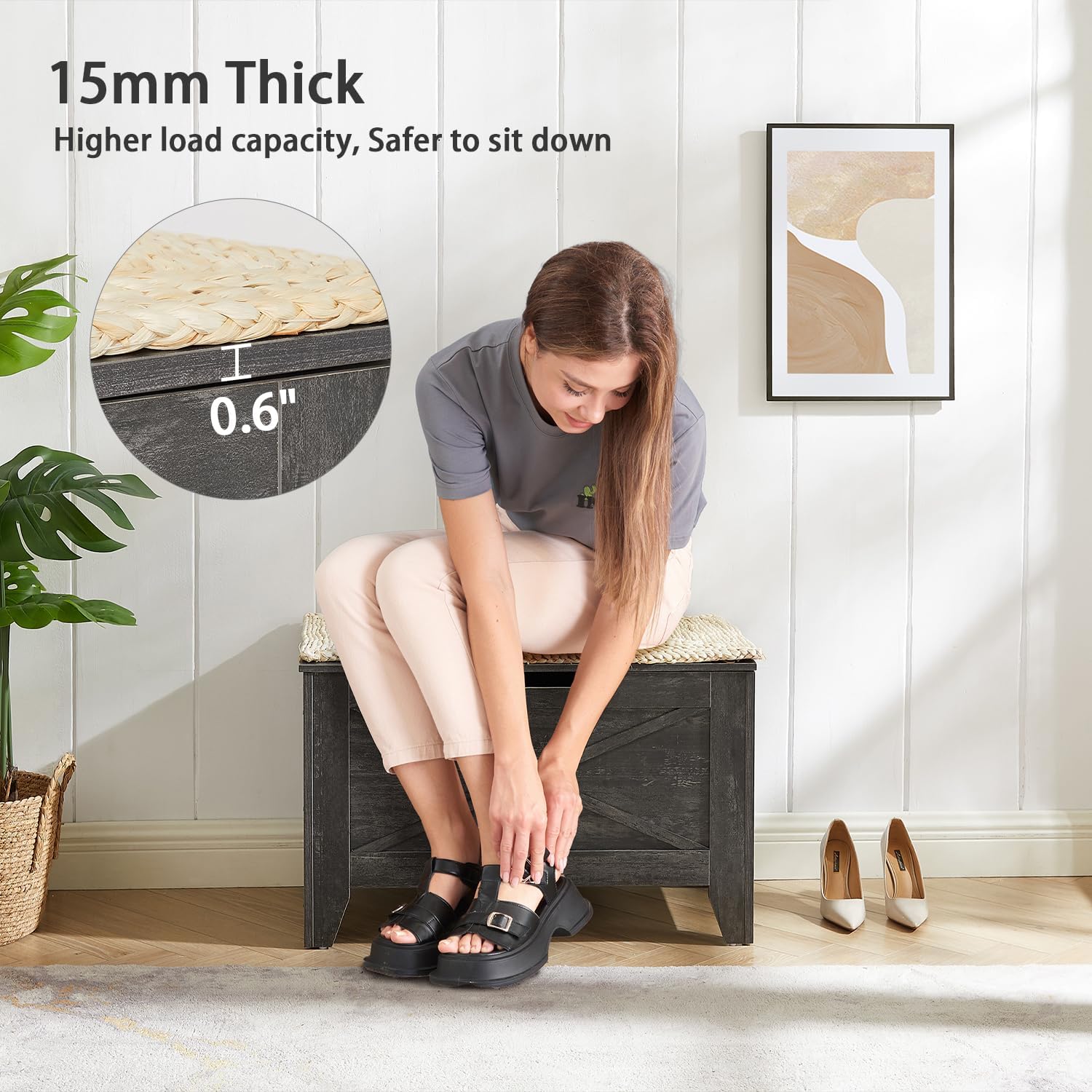 VECELO Storage Bench,43.3in Wooden Chest for Storage with Safety Hinges Wicker-Kont Mats