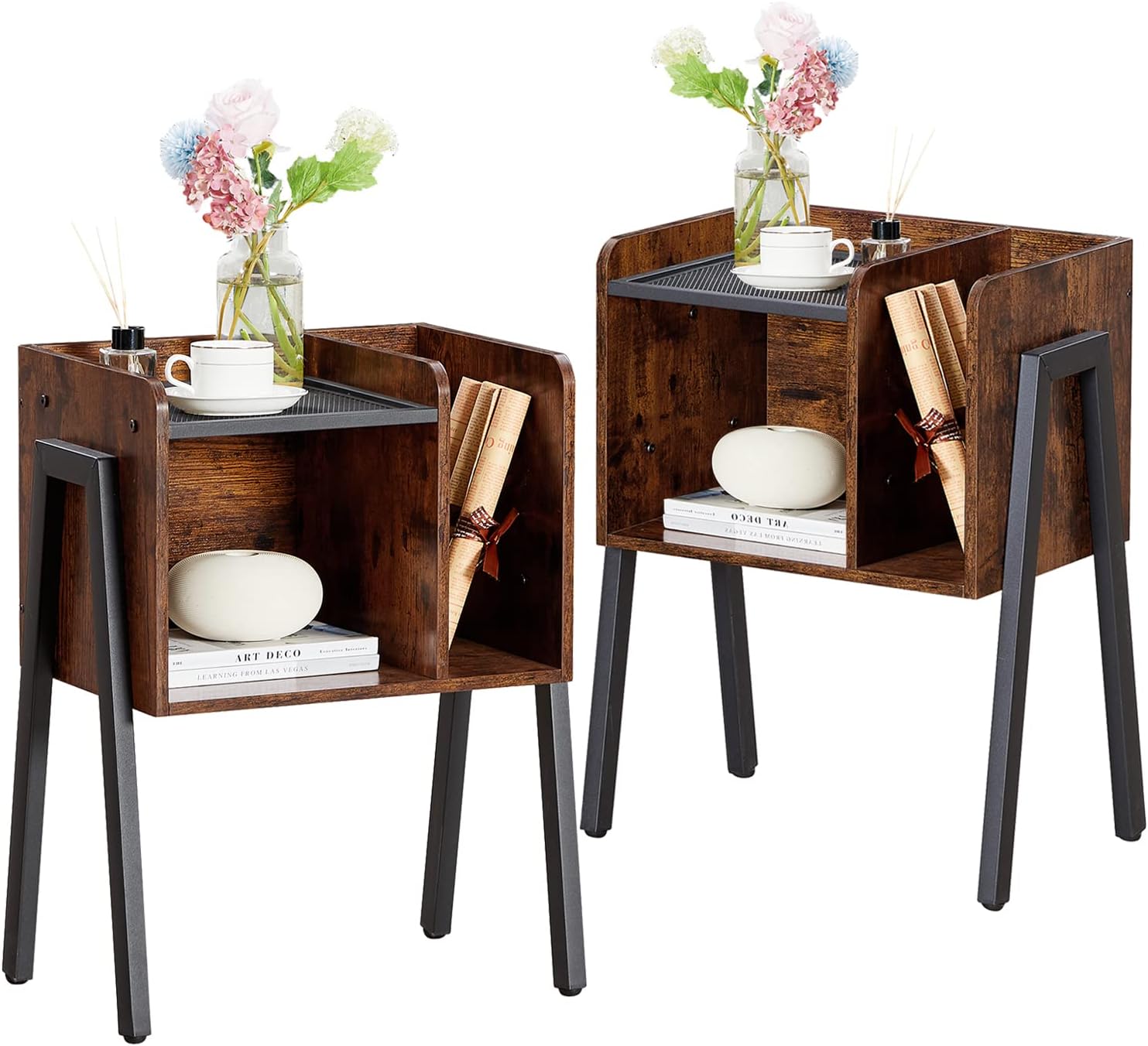 VECELO Industrial Side End Table/Nightstand Stackable Accent Furniture with 2-Tier Open Storage Compartments