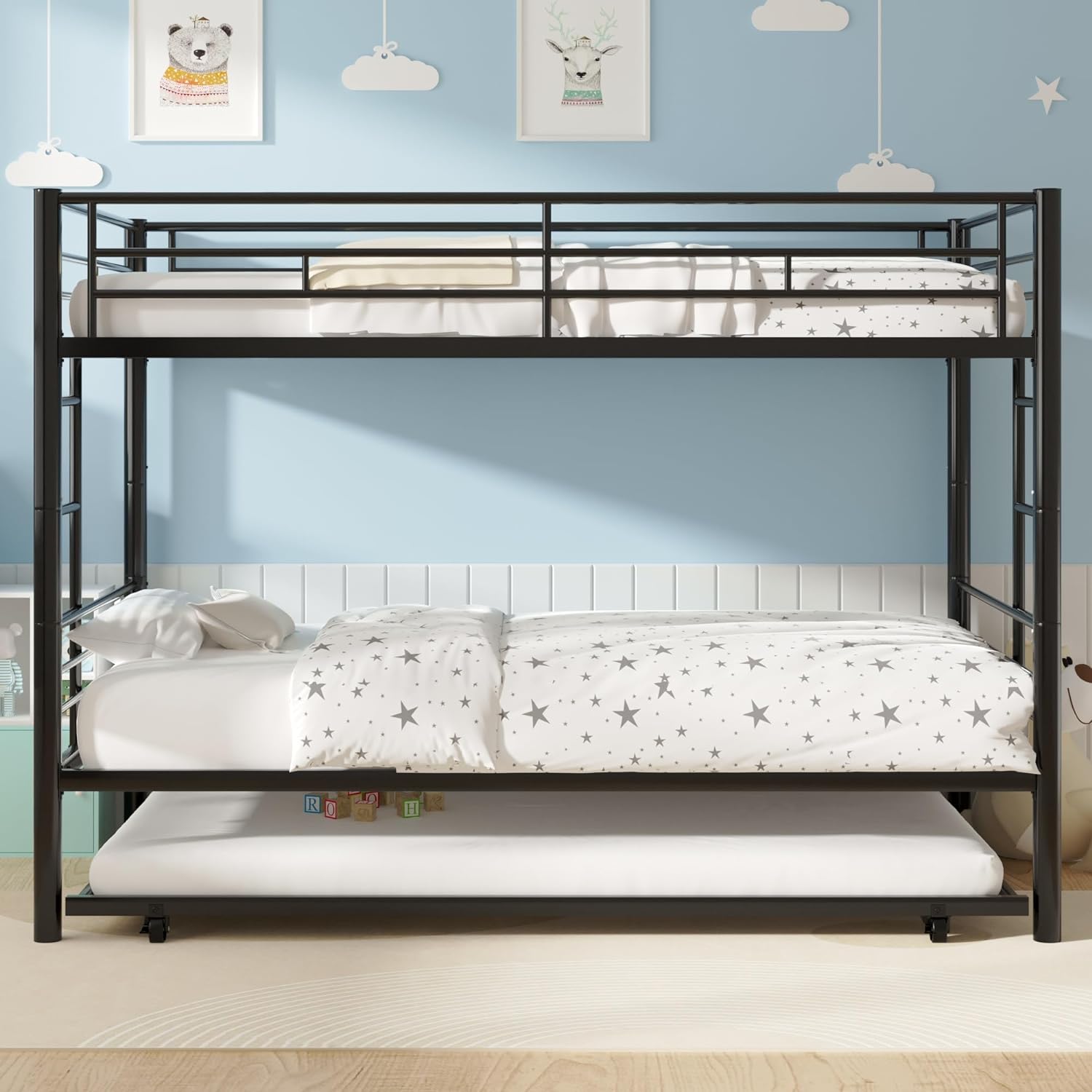 VECELO Bunk Bed Twin Over Twin with Trundle, Metal Bunkbeds with Ladder and Full-Length Guardrail - VECELO