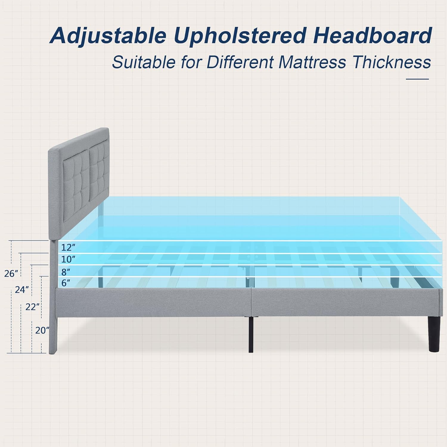 VECELO Upholstered Platform Bed Frame with Height Adjustable Headboard