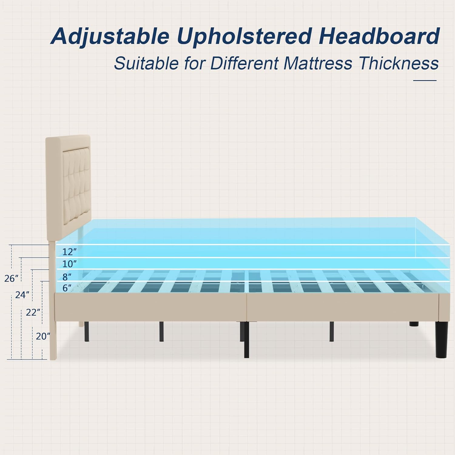 VECELO Upholstered Platform Bed Frame with Height Adjustable Headboard