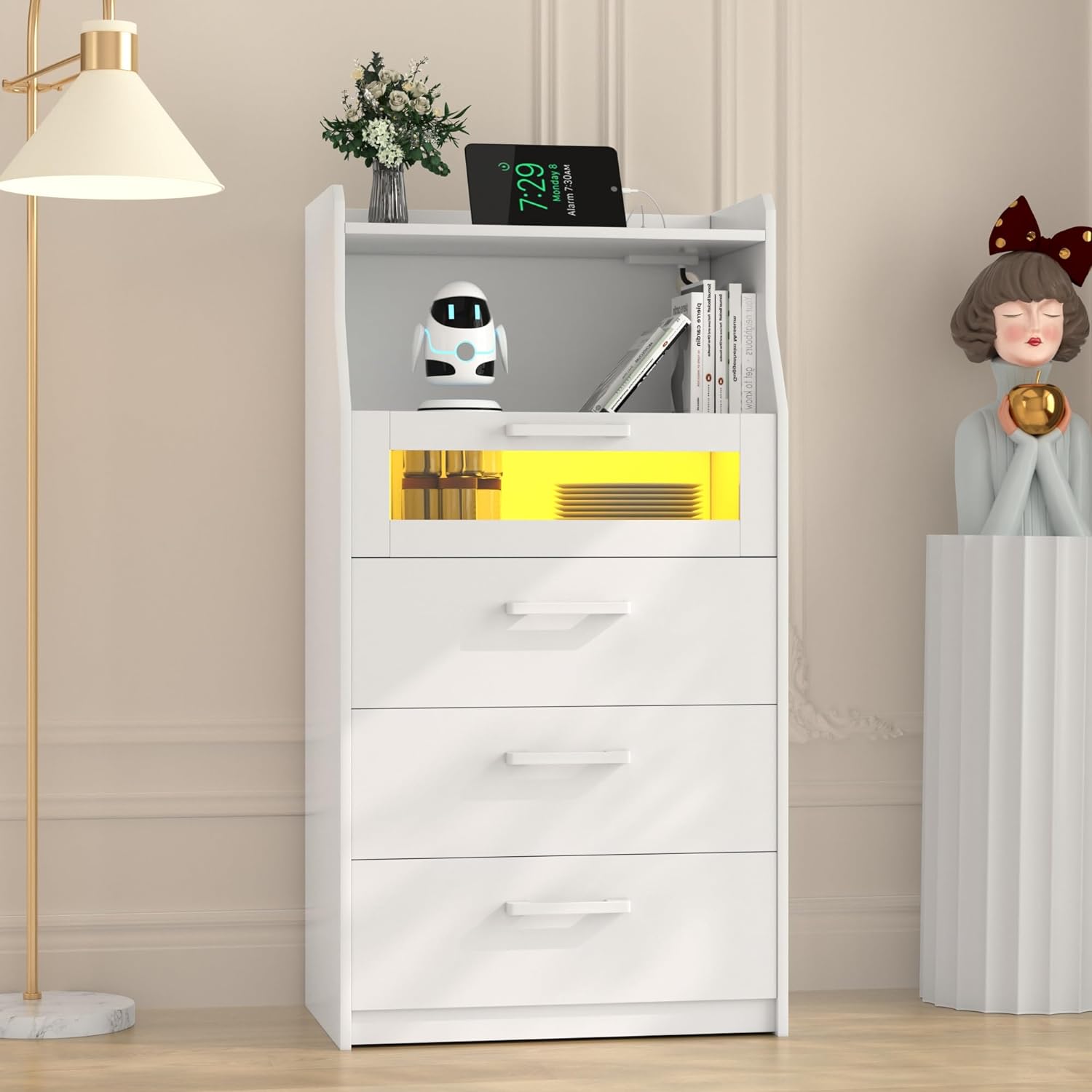 VECELO LED Dresser for Bedroom Tall Chest of 4 Drawers with Power Outlet