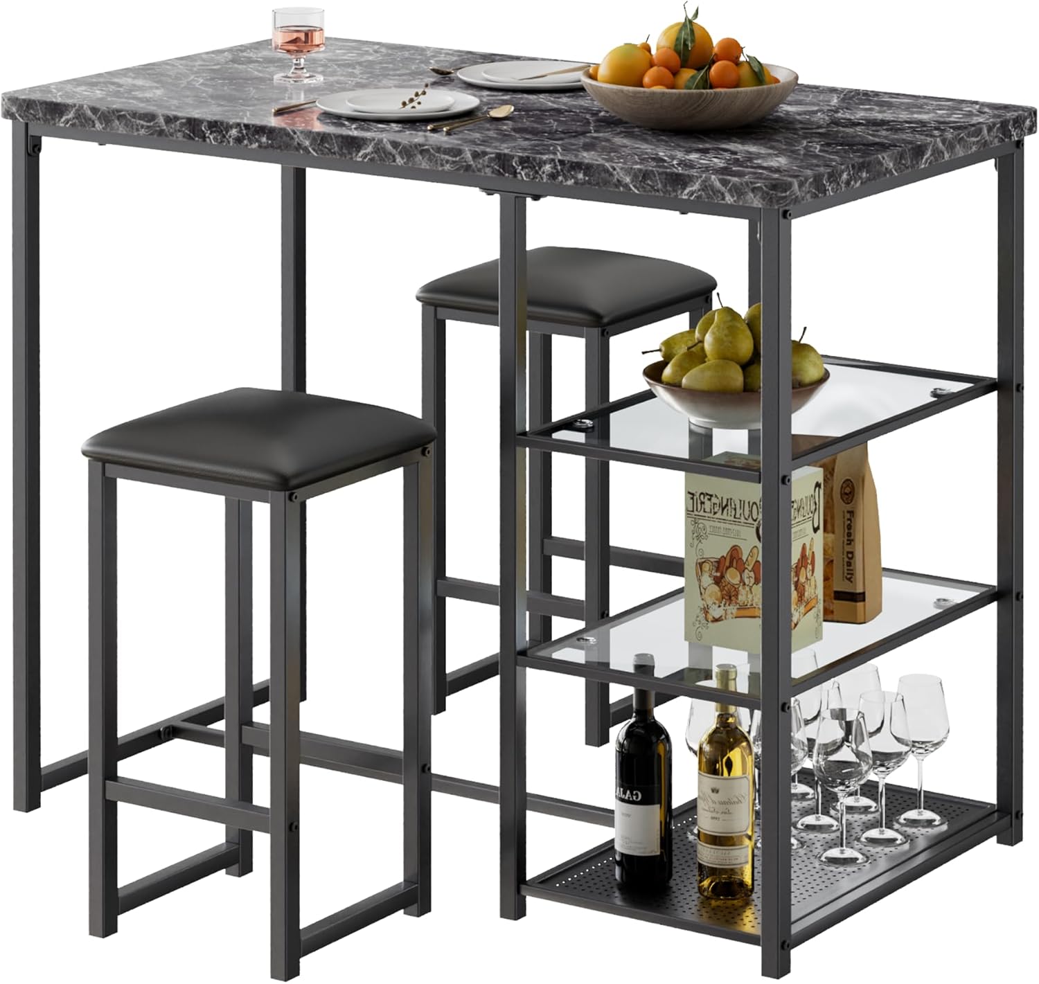 VECELO Small Bar Table and Chairs Set for 2