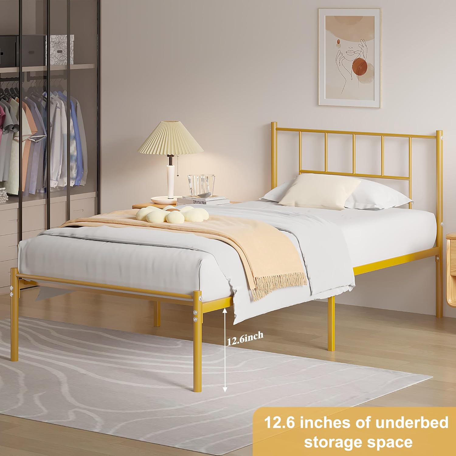 VECELO Bed Frame, 14 Inch Metal Platform with Headboard, Heavy Duty Steel Slat Support - VECELO