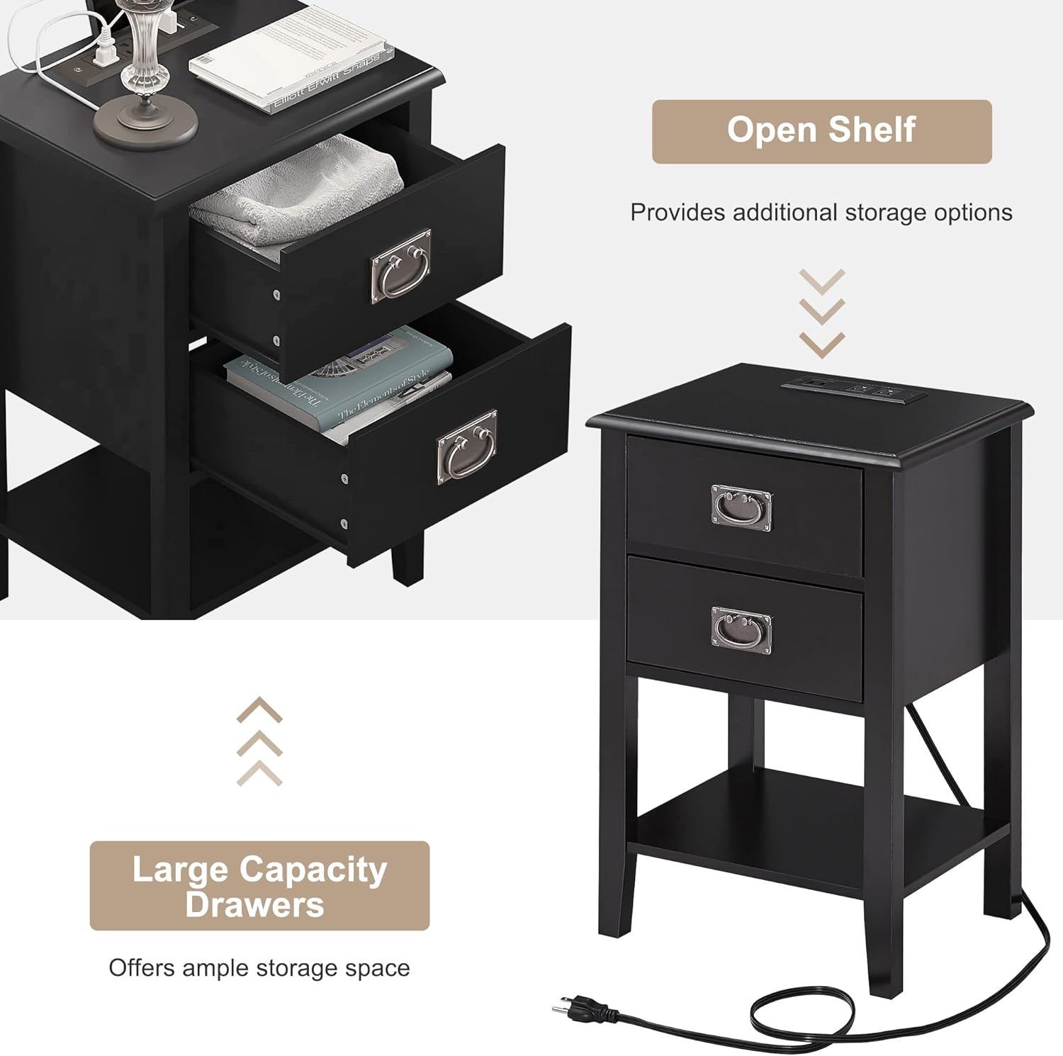 VECELO Nightstand Set of 2 with Charging Station