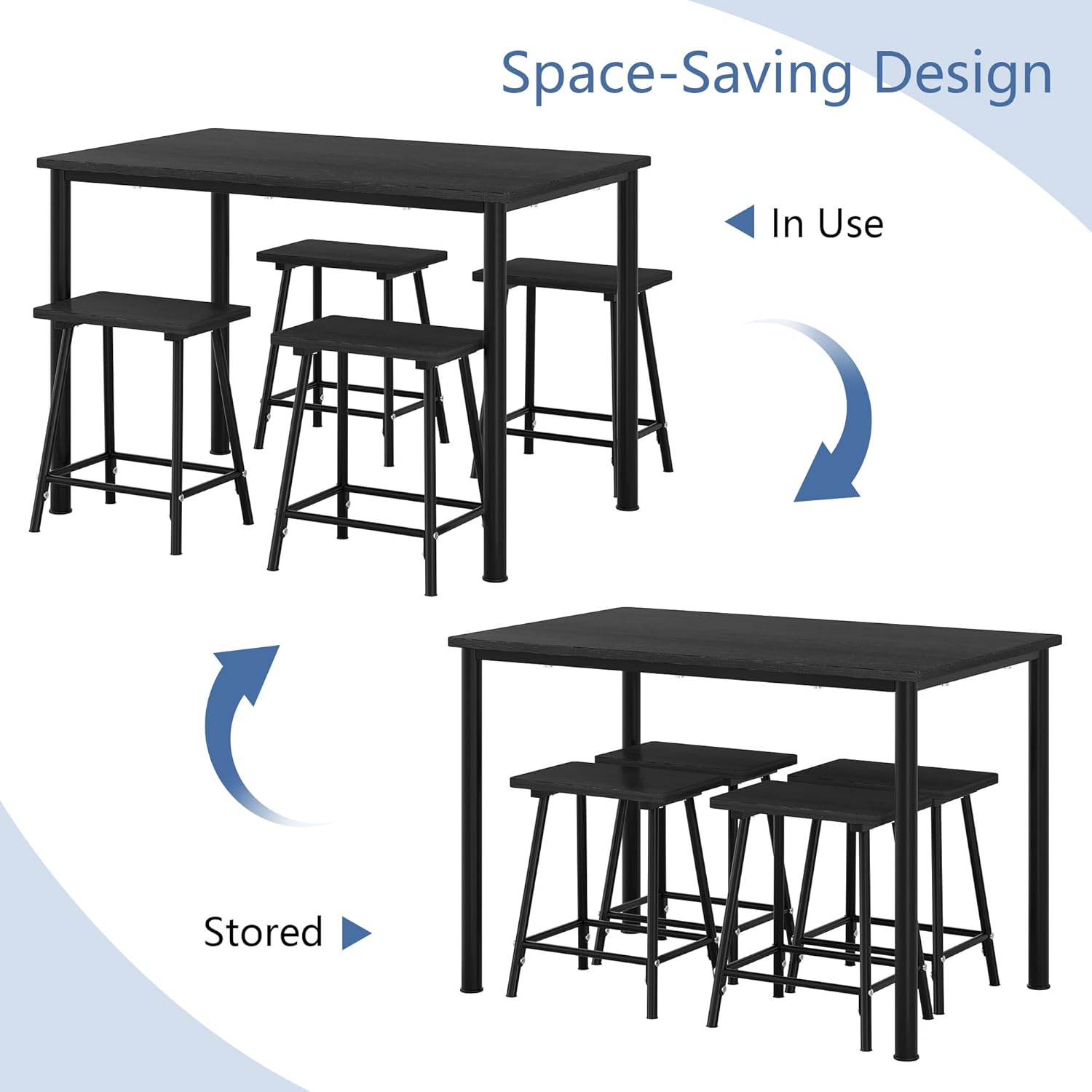 VECELO 5-Piece Dining Table Set Metal and Wood Kitchen Furniture with 4 Stools - VECELO