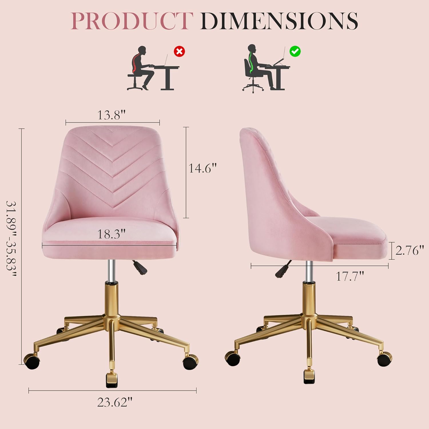 VECELO Velvet Vanity Desk Chair with Height-Adjustable