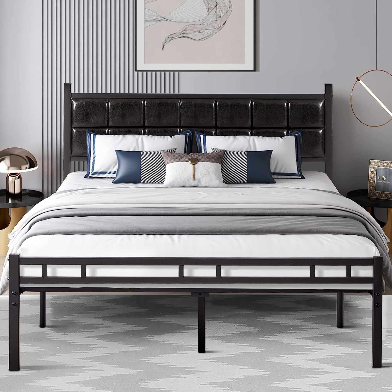 VECELO Bed Frame with PU Upholstered Headboard Metal Slats Support, No Box Spring Needed - VECELO