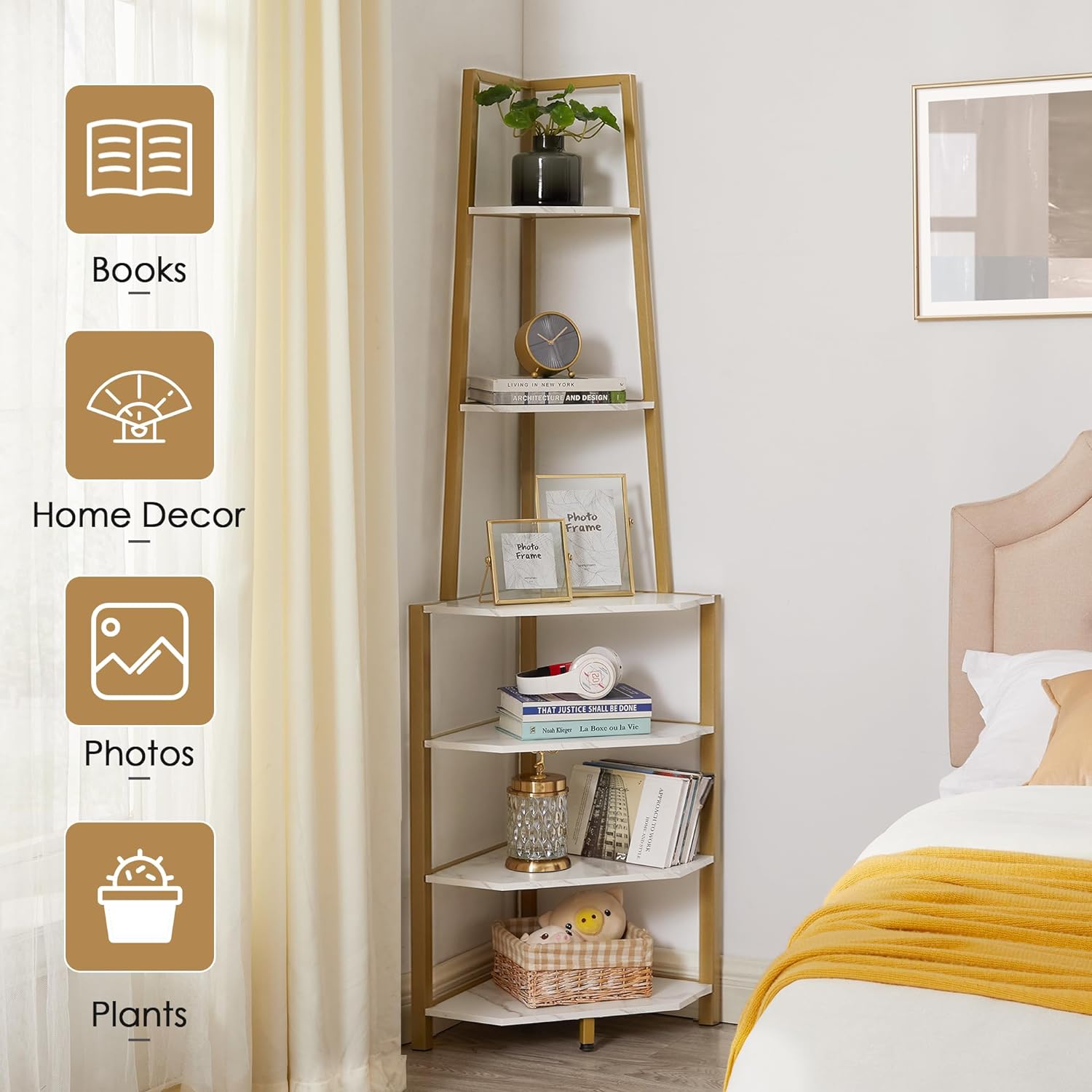 VECELO 6 Tier Corner Shelf, 69 Inch Industrial Bookshelf/Storage Stand with Metal Frame - VECELO